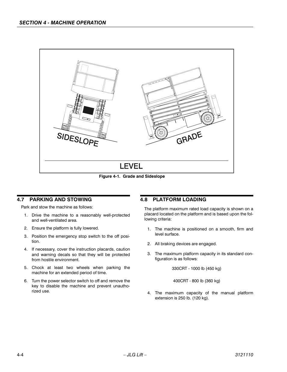 7 parking and stowing, 8 platform loading, Parking and stowing -4 | Platform loading -4, Grade and sideslope -4 | JLG 400CRT ANSI Operator Manual User Manual | Page 34 / 42