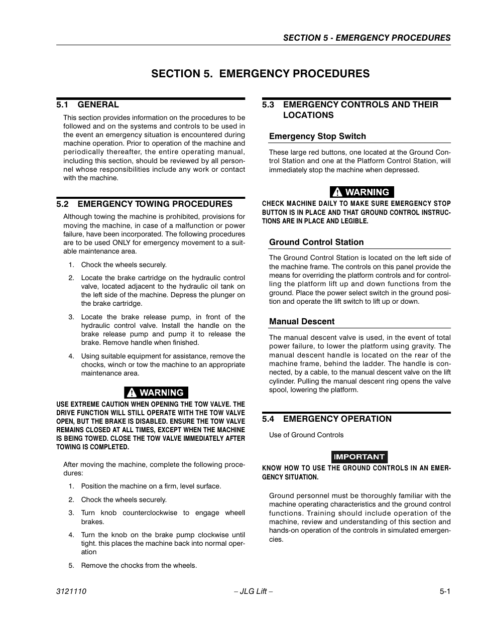 Section 5. emergency procedures, 1 general, 2 emergency towing procedures | 3 emergency controls and their locations, Emergency stop switch, Ground control station, Manual descent, 4 emergency operation, Section 5 - emergency procedures, General -1 | JLG 400CRT ANSI Operator Manual User Manual | Page 37 / 42