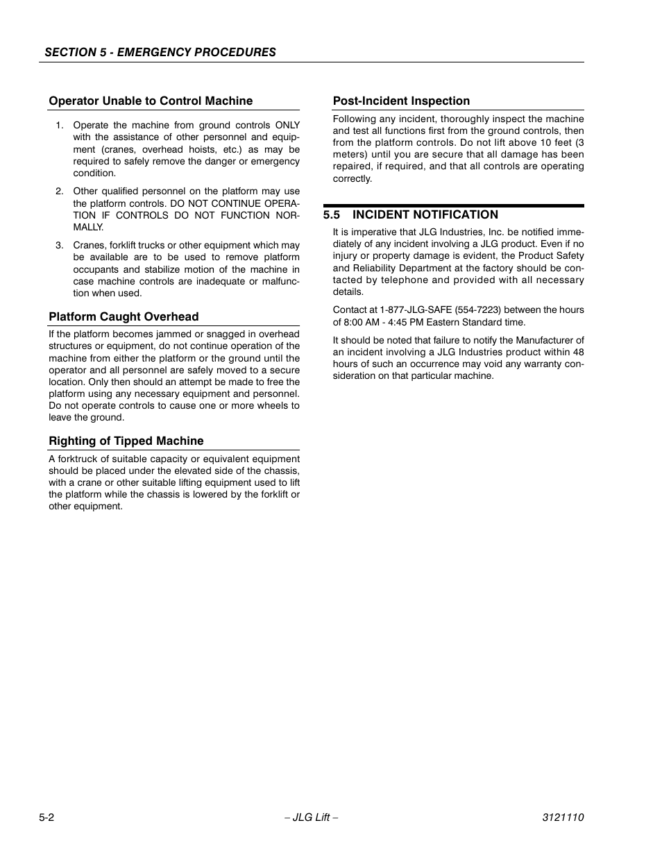 Operator unable to control machine, Platform caught overhead, Righting of tipped machine | Post-incident inspection, 5 incident notification, Incident notification -2 | JLG 400CRT ANSI Operator Manual User Manual | Page 38 / 42