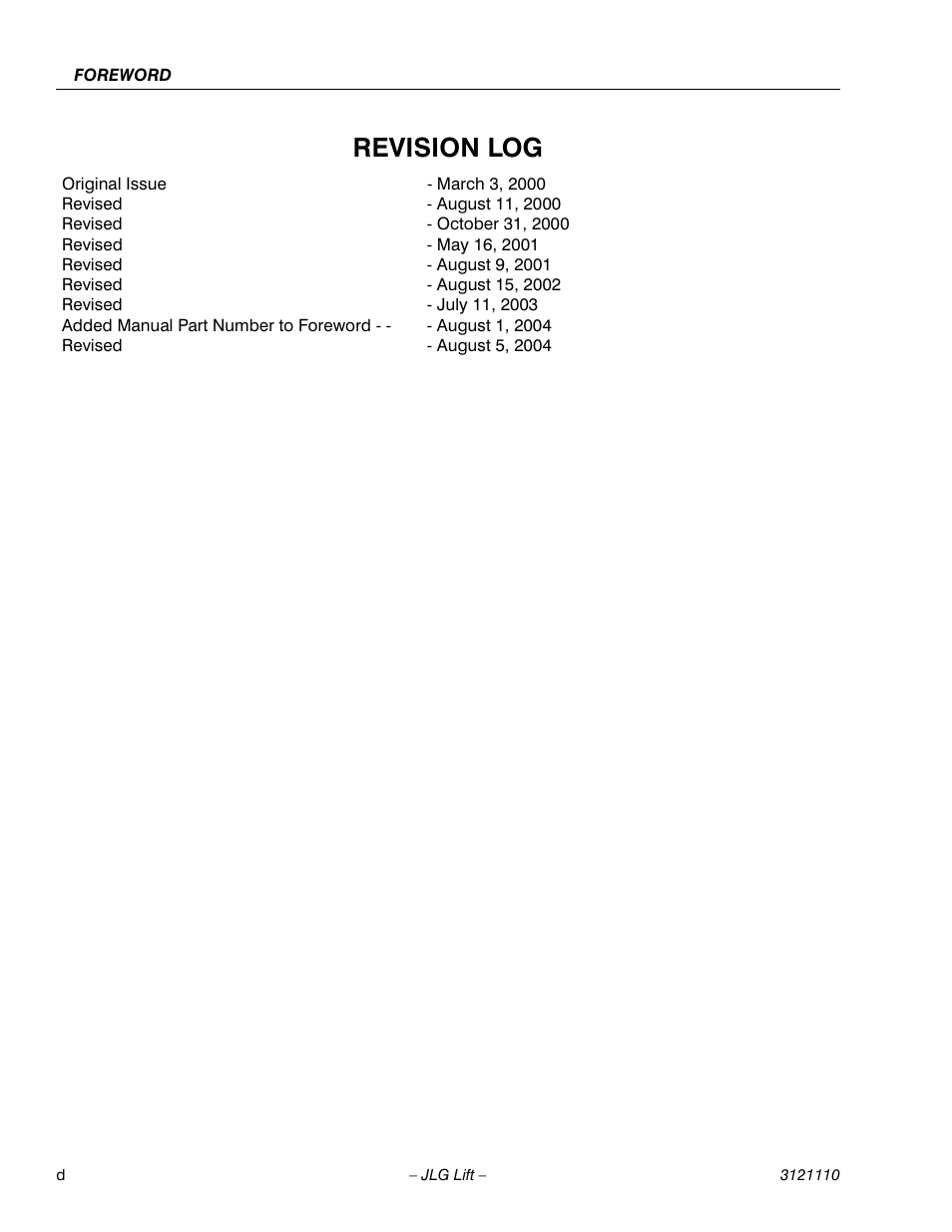 Revision log | JLG 400CRT ANSI Operator Manual User Manual | Page 6 / 42