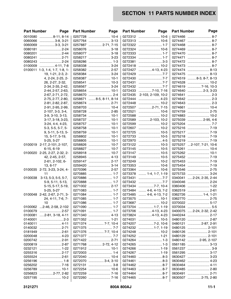 Section 11 parts number index, 11 - parts number index -1 | JLG 800A_AJ Parts Manual User Manual | Page 283 / 298