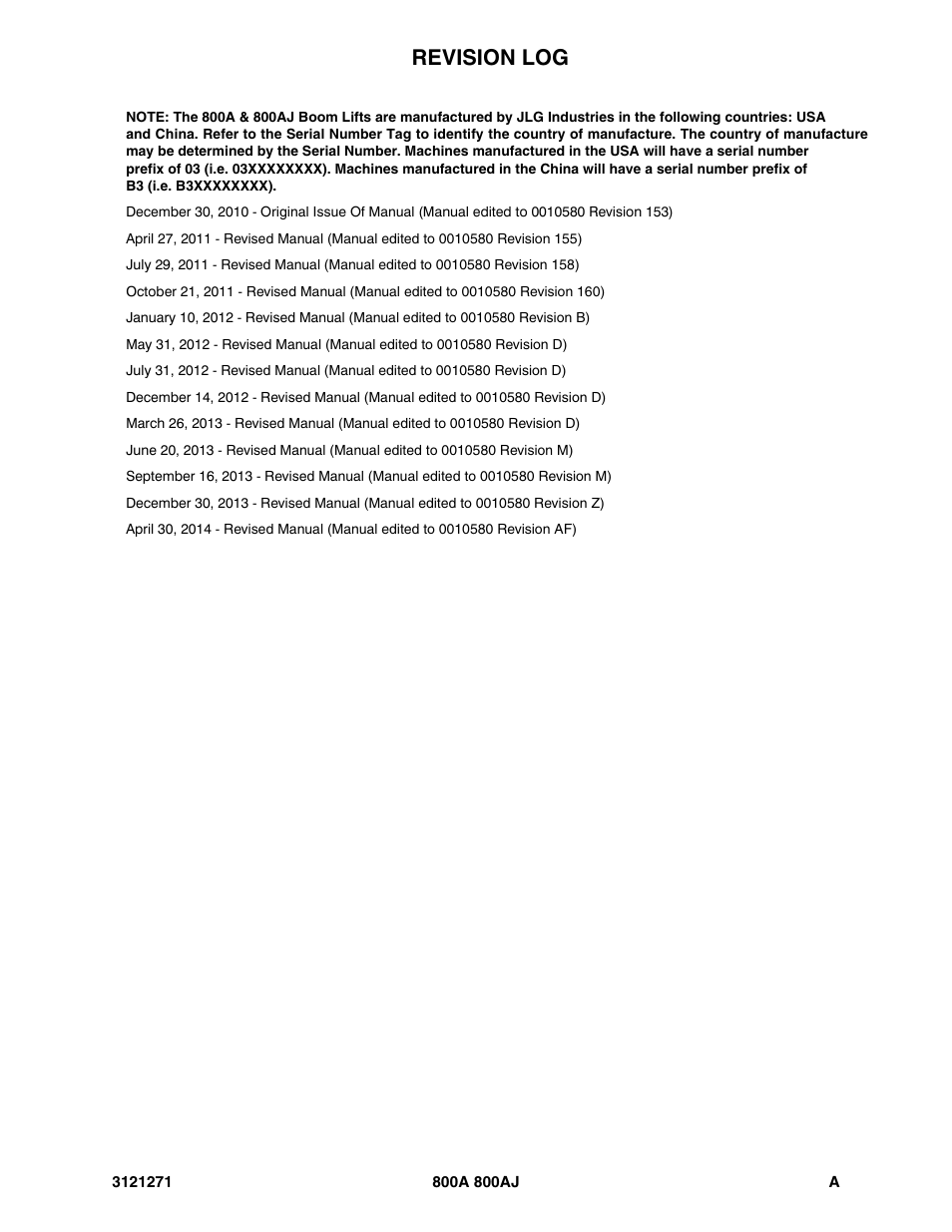 Revision log | JLG 800A_AJ Parts Manual User Manual | Page 3 / 298