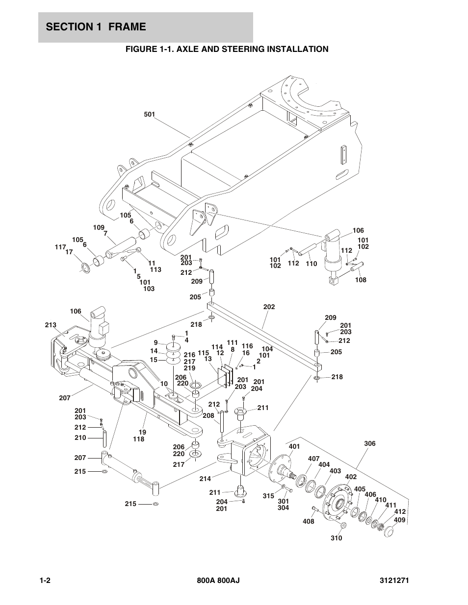 Figure 1-1. axle and steering installation | JLG 800A_AJ Parts Manual User Manual | Page 8 / 298
