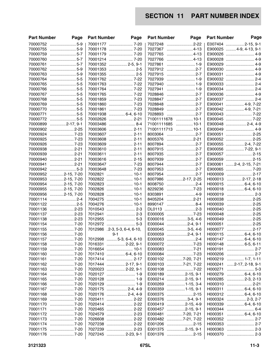 Dl0113 2-3, E000005 7-23, E000016 3-5, 4-6 | E000044 2-4, 9-1, E000045 3-5, 4-6, E000059 2-4, 9-1, E000063 2-4, E000072 7-23, E000083 7-21, E000084 7-23 | JLG 67SL Parts Manual User Manual | Page 133 / 136