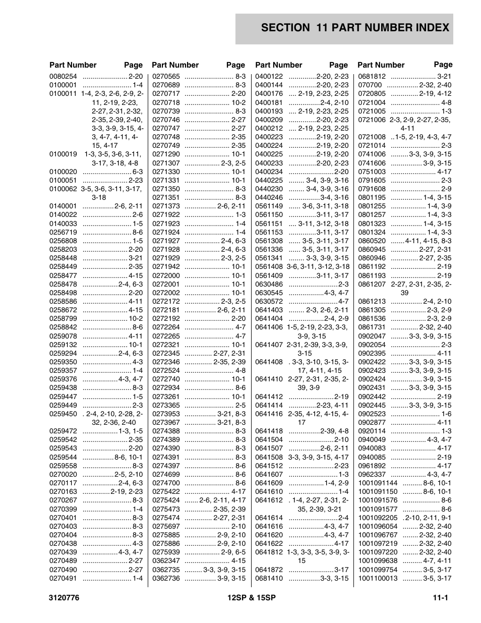 Section 11 part number index, 11 - part number index -1 | JLG 15SP Parts Manual User Manual | Page 125 / 130