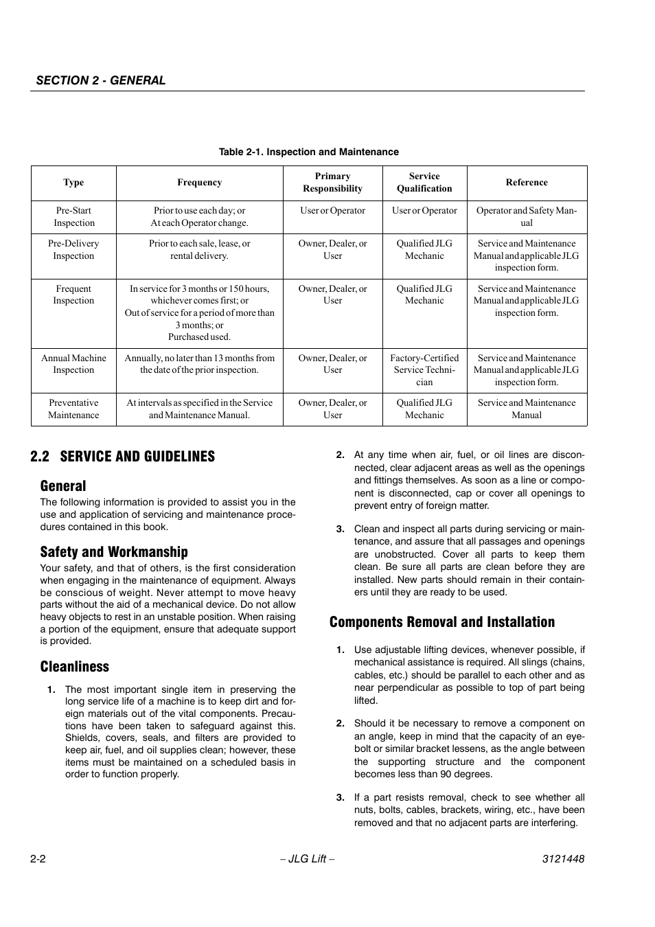 2 service and guidelines general, Safety and workmanship, Cleanliness | Components removal and installation | JLG X23J - X700AJ Service Manual User Manual | Page 23 / 633