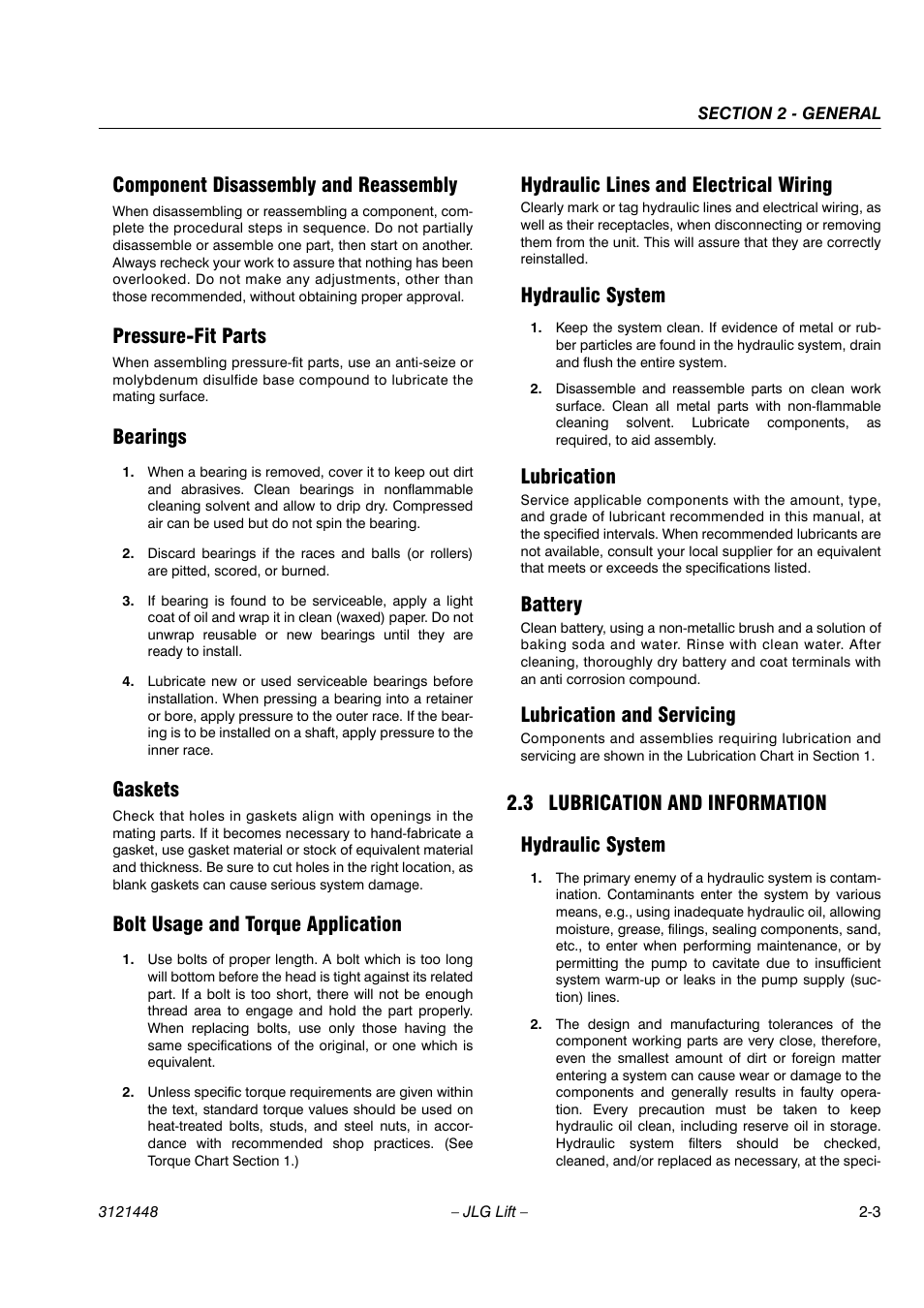 Component disassembly and reassembly, Pressure-fit parts, Bearings | Gaskets, Bolt usage and torque application, Hydraulic lines and electrical wiring, Hydraulic system, Lubrication, Battery, Lubrication and servicing | JLG X23J - X700AJ Service Manual User Manual | Page 24 / 633