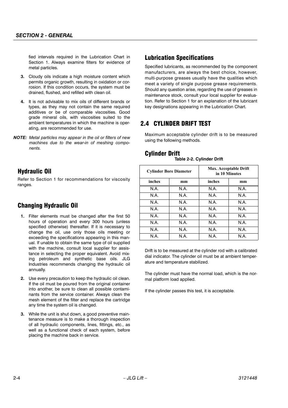 Hydraulic oil, Changing hydraulic oil, Lubrication specifications | 4 cylinder drift test, Cylinder drift | JLG X23J - X700AJ Service Manual User Manual | Page 25 / 633