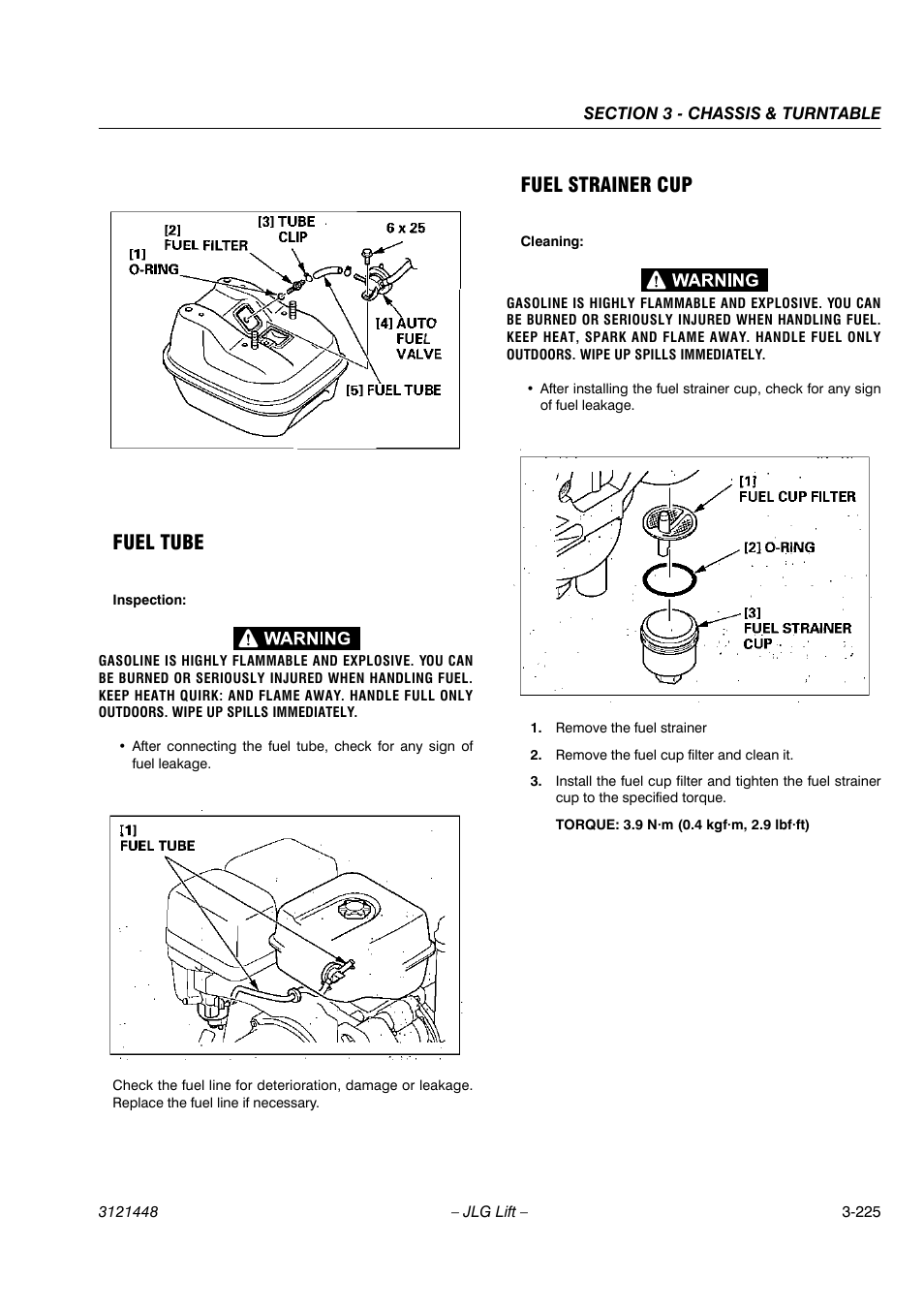 Fuel tube, Fuel strainer cup | JLG X23J - X700AJ Service Manual User Manual | Page 252 / 633