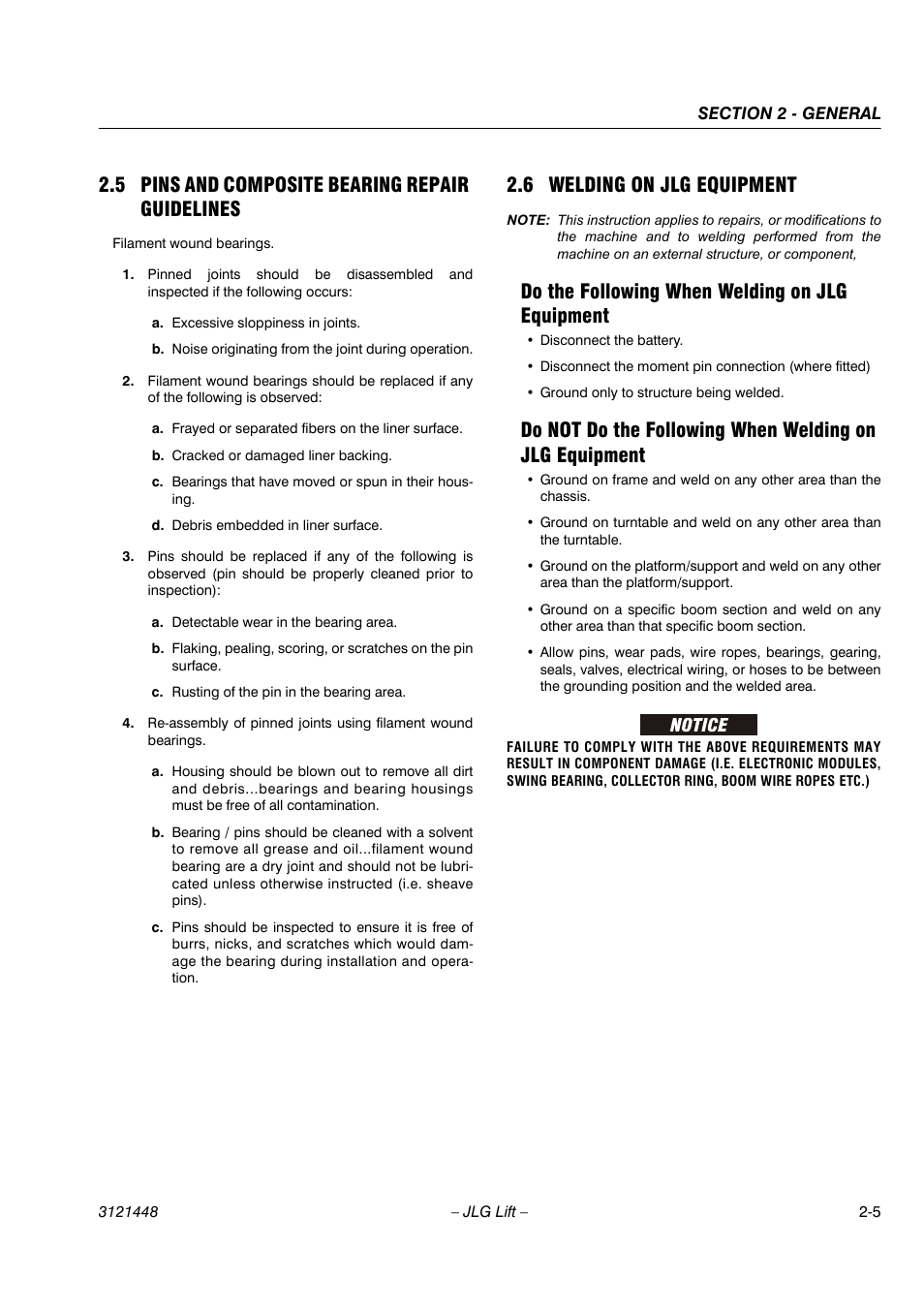 5 pins and composite bearing repair guidelines, 6 welding on jlg equipment, Do the following when welding on jlg equipment | JLG X23J - X700AJ Service Manual User Manual | Page 26 / 633