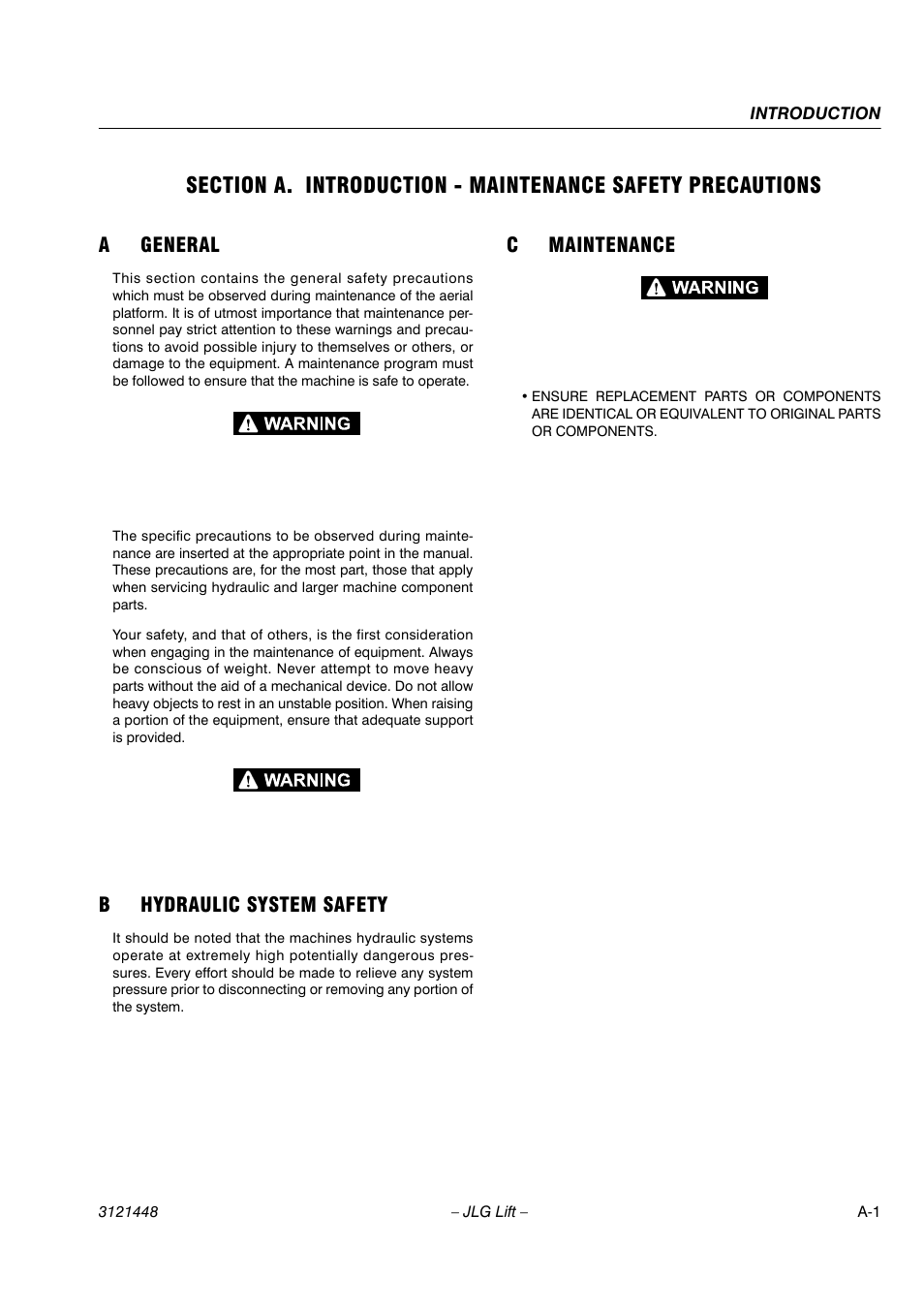Ageneral, Bhydraulic system safety, Cmaintenance | JLG X23J - X700AJ Service Manual User Manual | Page 3 / 633