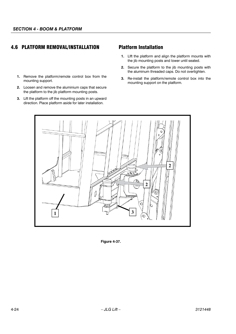 6 platform removal/installation, Platform installation | JLG X23J - X700AJ Service Manual User Manual | Page 423 / 633