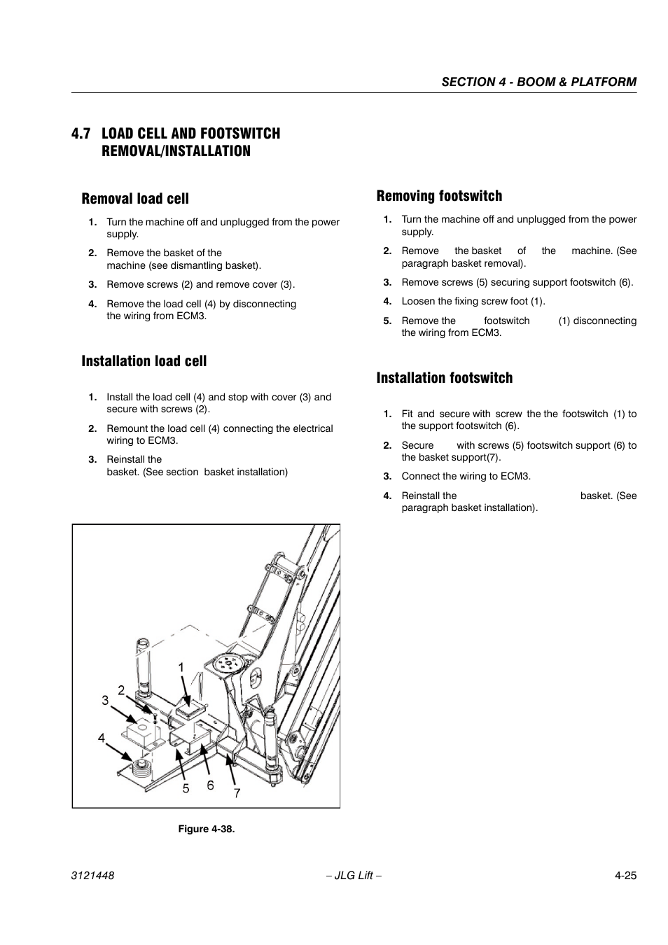 Installation load cell, Removing footswitch, Installation footswitch | JLG X23J - X700AJ Service Manual User Manual | Page 424 / 633