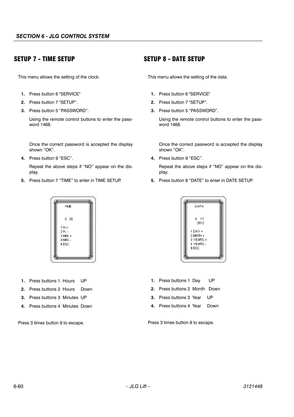 Setup 7 - time setup, Setup 8 - date setup | JLG X23J - X700AJ Service Manual User Manual | Page 549 / 633