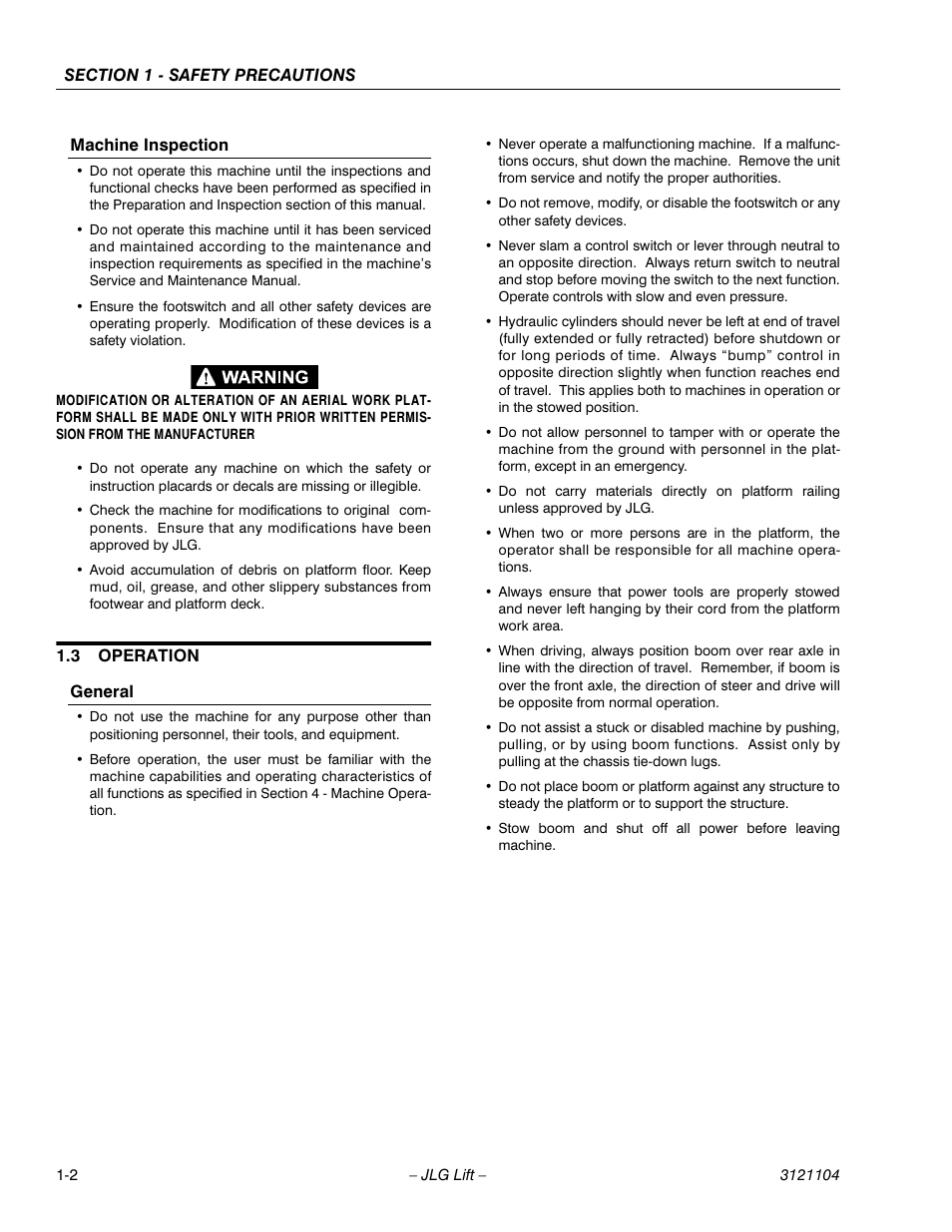 Machine inspection, 3 operation, General | Machine inspection -2, Operation -2, General -2 | JLG 120-SXJ ANSI Operator Manual User Manual | Page 12 / 80