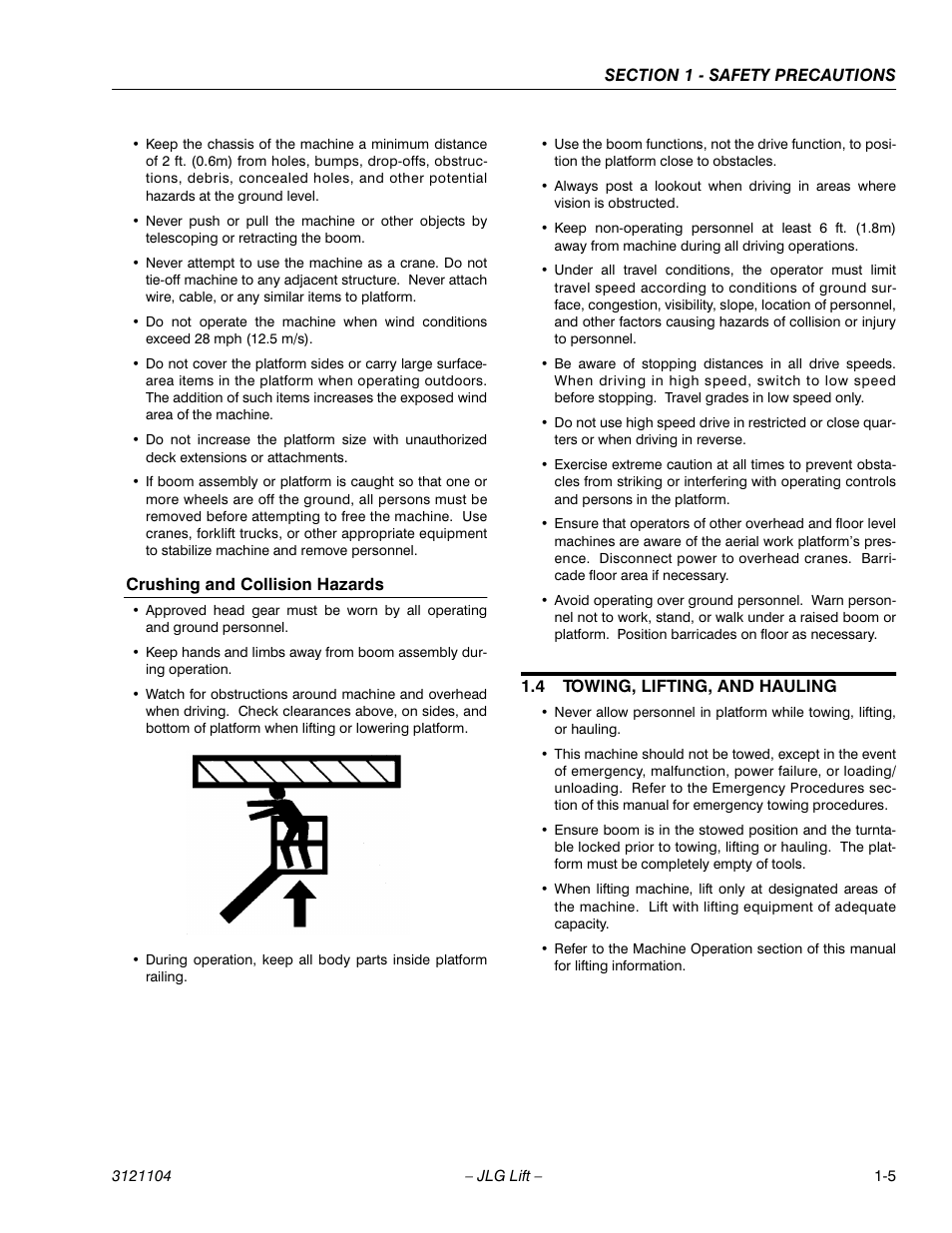 Crushing and collision hazards, 4 towing, lifting, and hauling, Crushing and collision hazards -5 | Towing, lifting, and hauling -5 | JLG 120-SXJ ANSI Operator Manual User Manual | Page 15 / 80