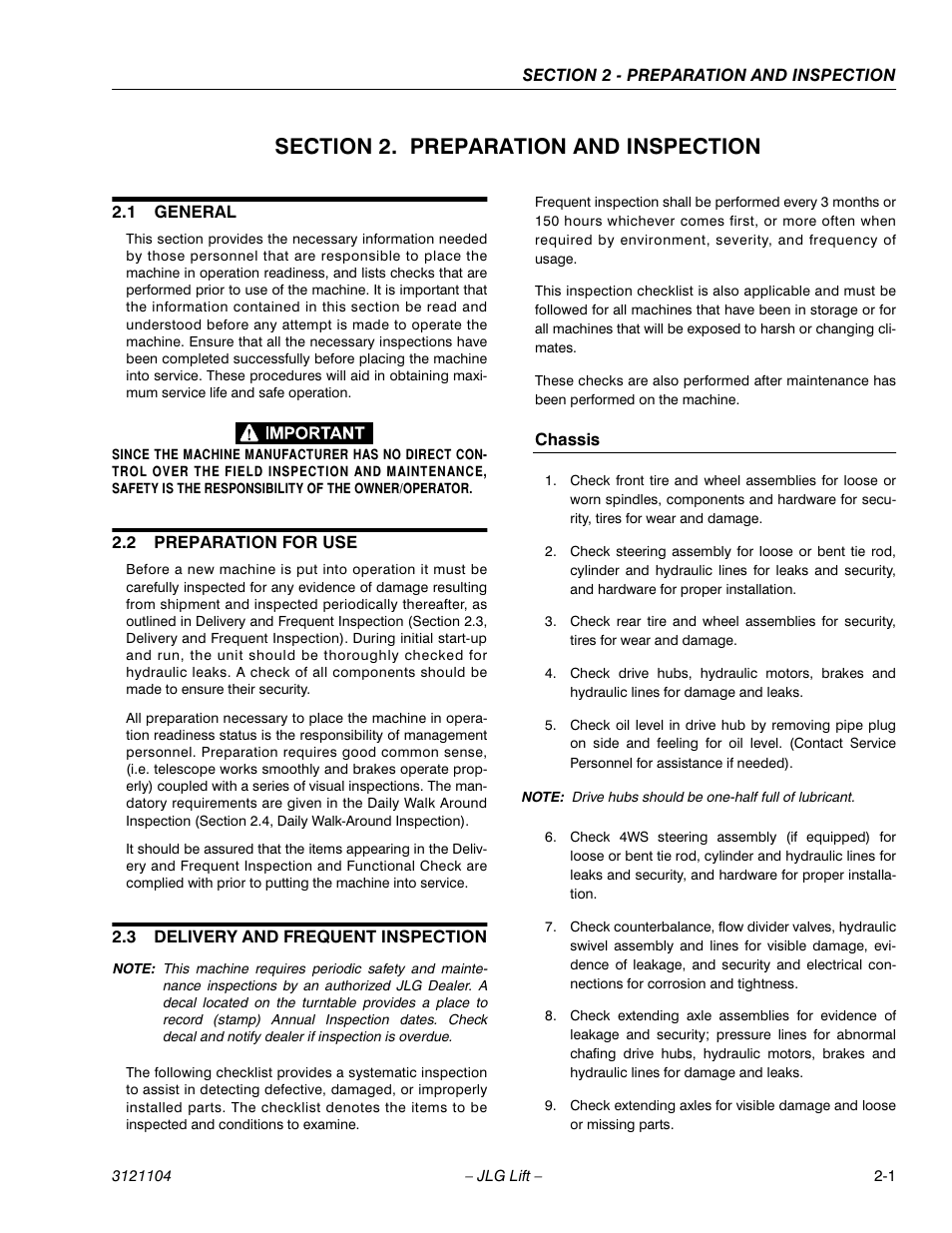 Section 2. preparation and inspection, 1 general, 2 preparation for use | 3 delivery and frequent inspection, Chassis, Section 2 - preparation and inspection, General -1, Preparation for use -1, Delivery and frequent inspection -1, Chassis -1 | JLG 120-SXJ ANSI Operator Manual User Manual | Page 17 / 80