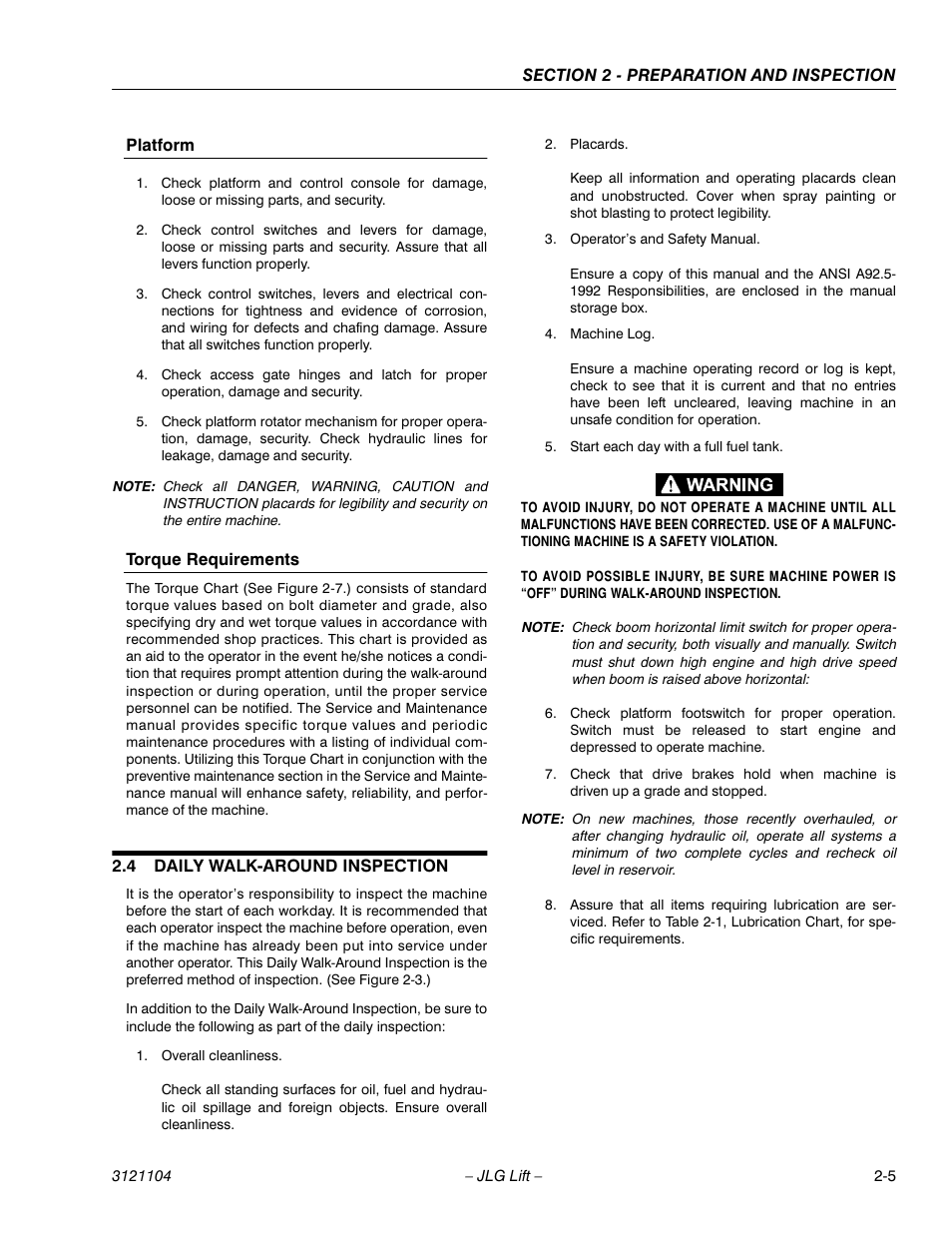 Platform, Torque requirements, 4 daily walk-around inspection | Platform -5 torque requirements -5, Daily walk-around inspection -5 | JLG 120-SXJ ANSI Operator Manual User Manual | Page 21 / 80