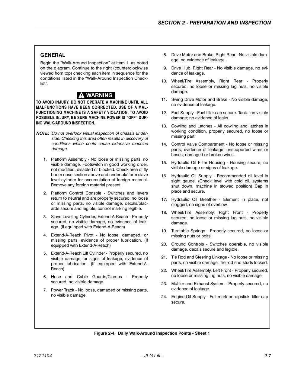 General -7, Daily walk-around inspection points - sheet 1 -7 | JLG 120-SXJ ANSI Operator Manual User Manual | Page 23 / 80