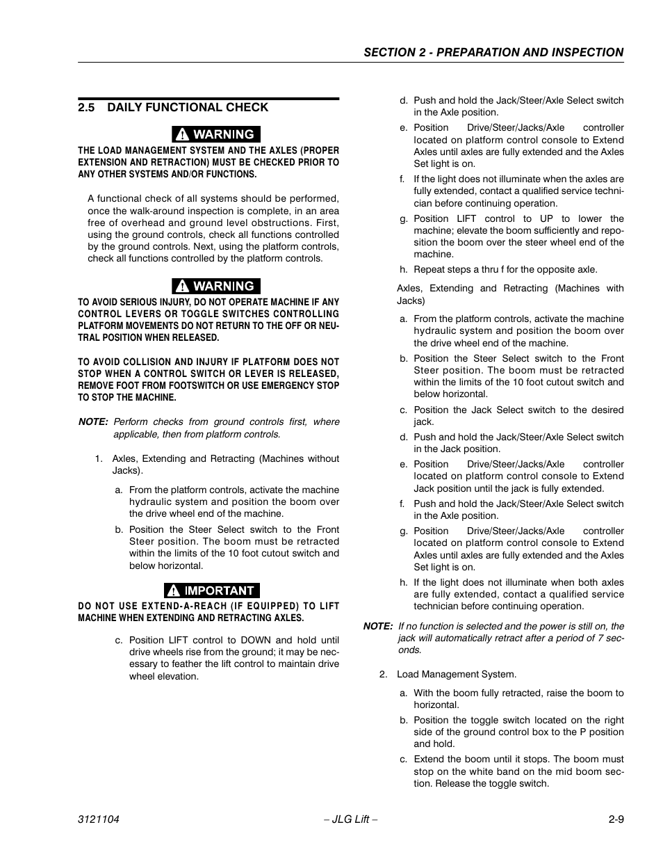 5 daily functional check, Daily functional check -9 | JLG 120-SXJ ANSI Operator Manual User Manual | Page 25 / 80