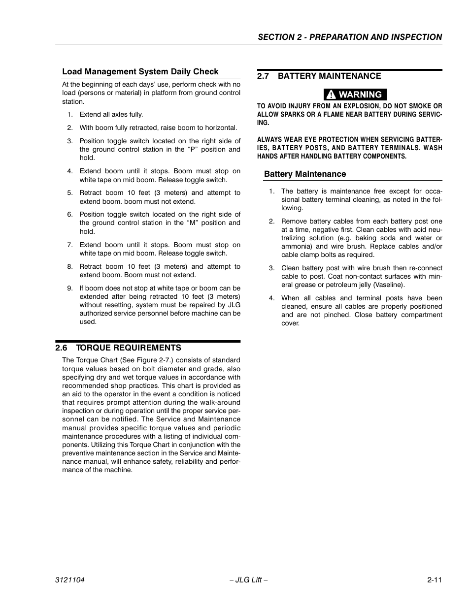 Load management system daily check, 6 torque requirements, 7 battery maintenance | Battery maintenance, Load management system daily check -11, Torque requirements -11, Battery maintenance -11 | JLG 120-SXJ ANSI Operator Manual User Manual | Page 27 / 80