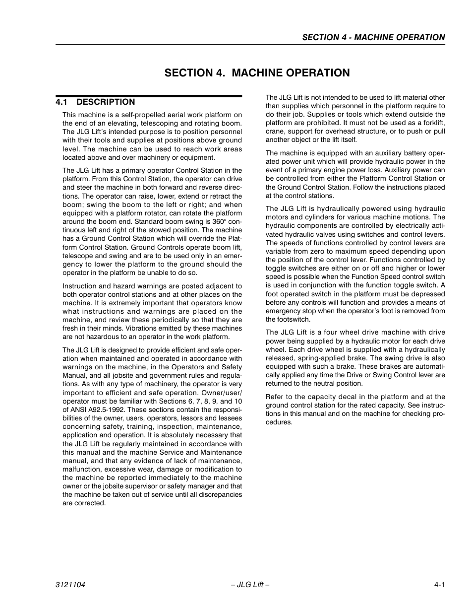 Section 4. machine operation, 1 description, Section 4 - machine operation | Description -1 | JLG 120-SXJ ANSI Operator Manual User Manual | Page 51 / 80