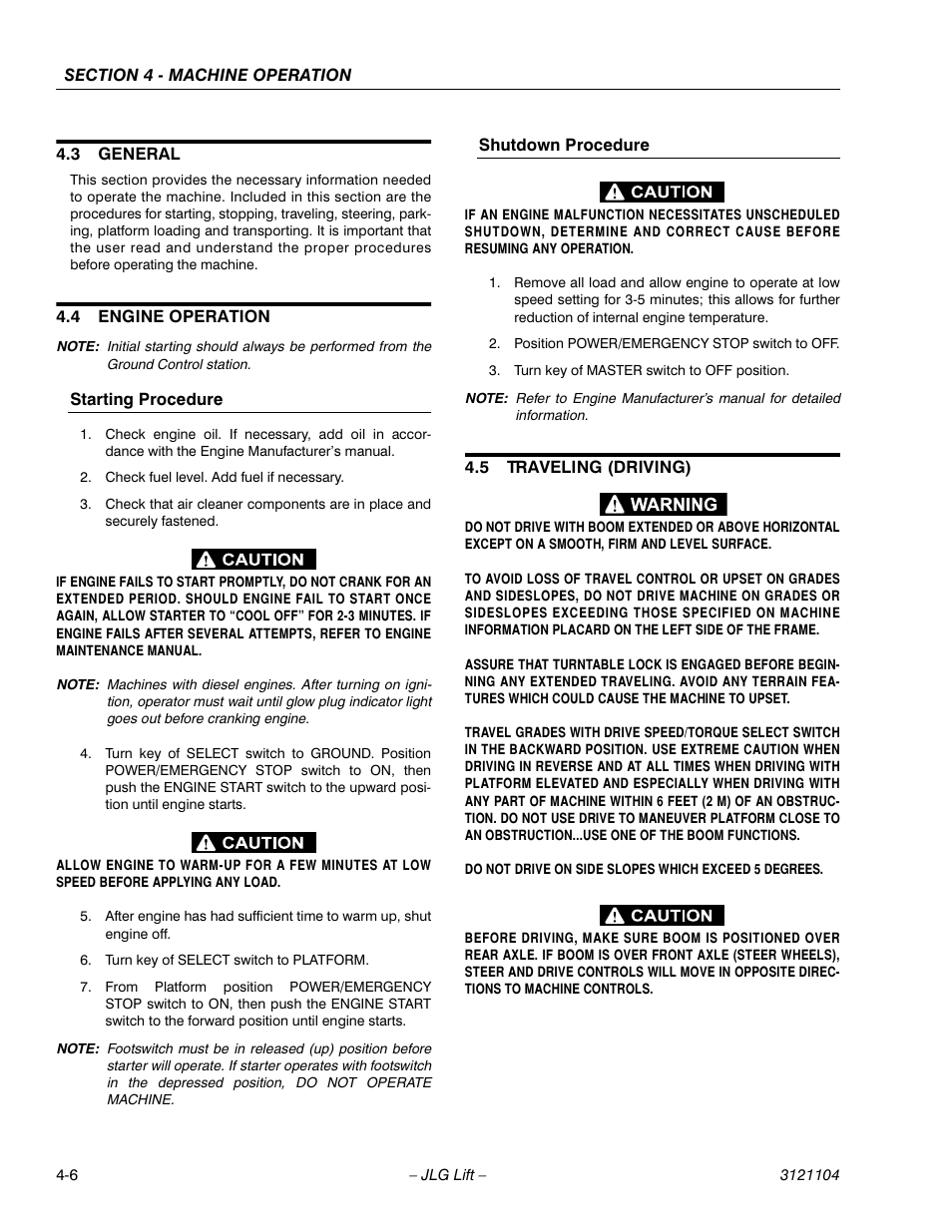 3 general, 4 engine operation, Starting procedure | Shutdown procedure, 5 traveling (driving), General -6, Engine operation -6, Starting procedure -6 shutdown procedure -6, Traveling (driving) -6 | JLG 120-SXJ ANSI Operator Manual User Manual | Page 56 / 80