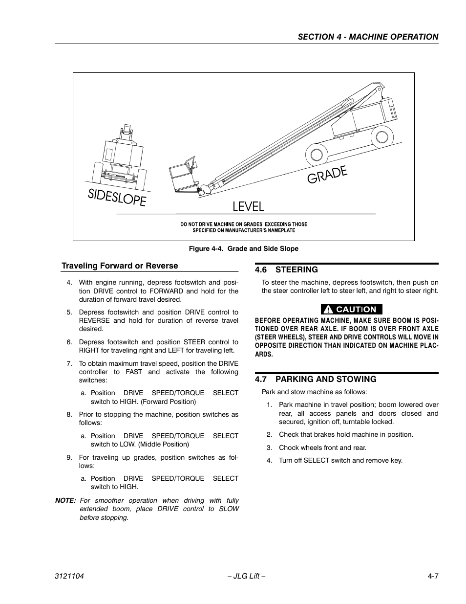 Traveling forward or reverse, 6 steering, 7 parking and stowing | Traveling forward or reverse -7, Steering -7, Parking and stowing -7, Grade and side slope -7 | JLG 120-SXJ ANSI Operator Manual User Manual | Page 57 / 80