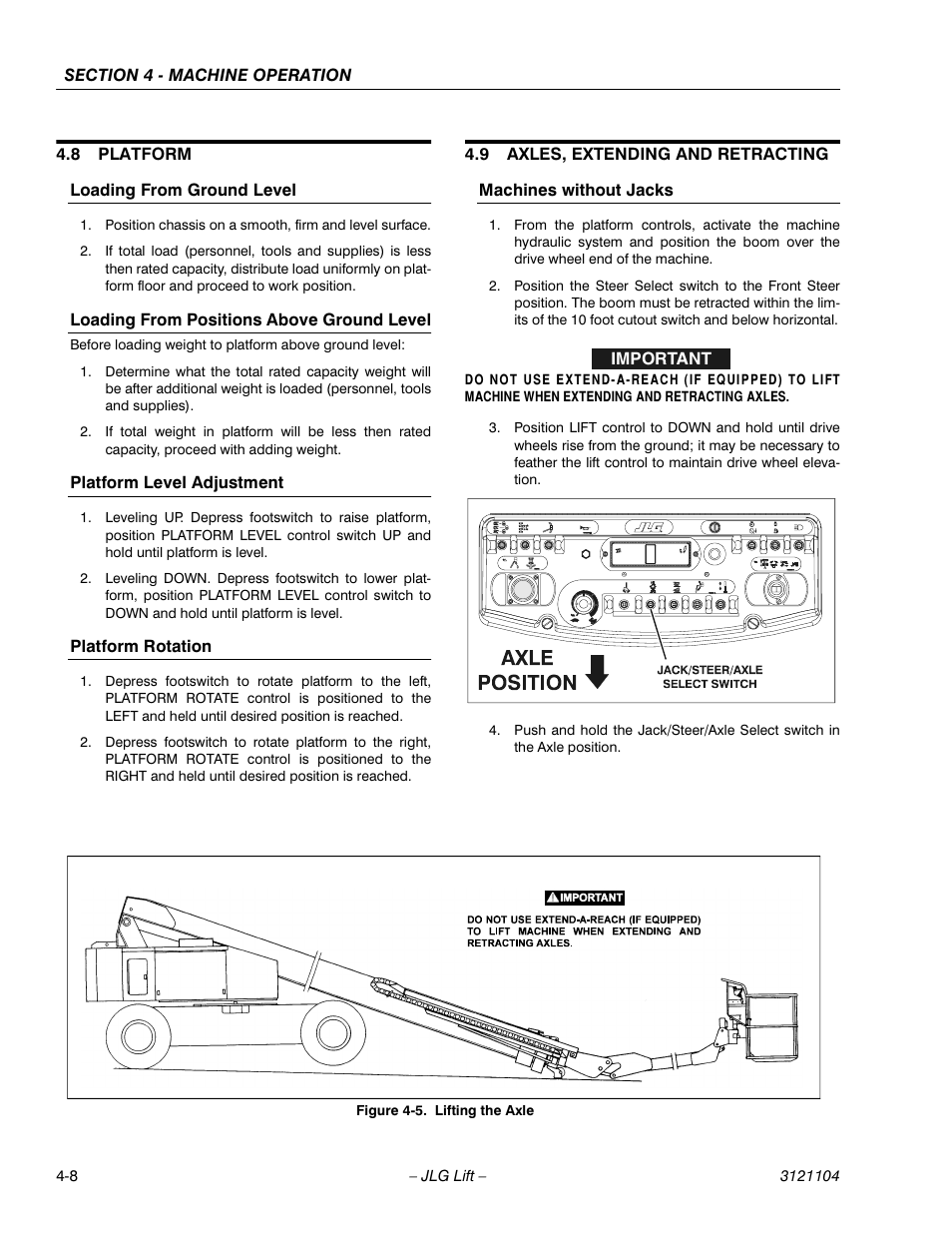 8 platform, Loading from ground level, Loading from positions above ground level | Platform level adjustment, Platform rotation, 9 axles, extending and retracting, Machines without jacks, Platform -8, Axles, extending and retracting -8, Machines without jacks -8 | JLG 120-SXJ ANSI Operator Manual User Manual | Page 58 / 80
