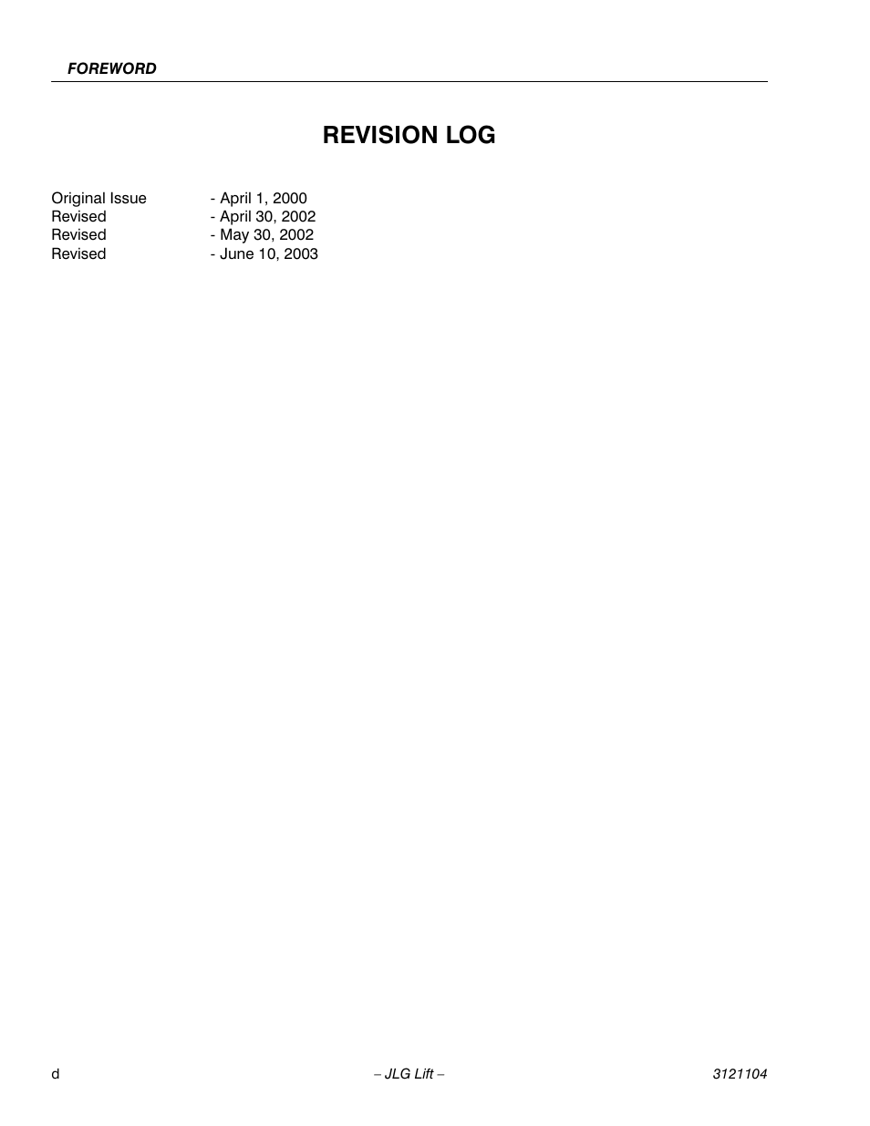 Revision log | JLG 120-SXJ ANSI Operator Manual User Manual | Page 6 / 80
