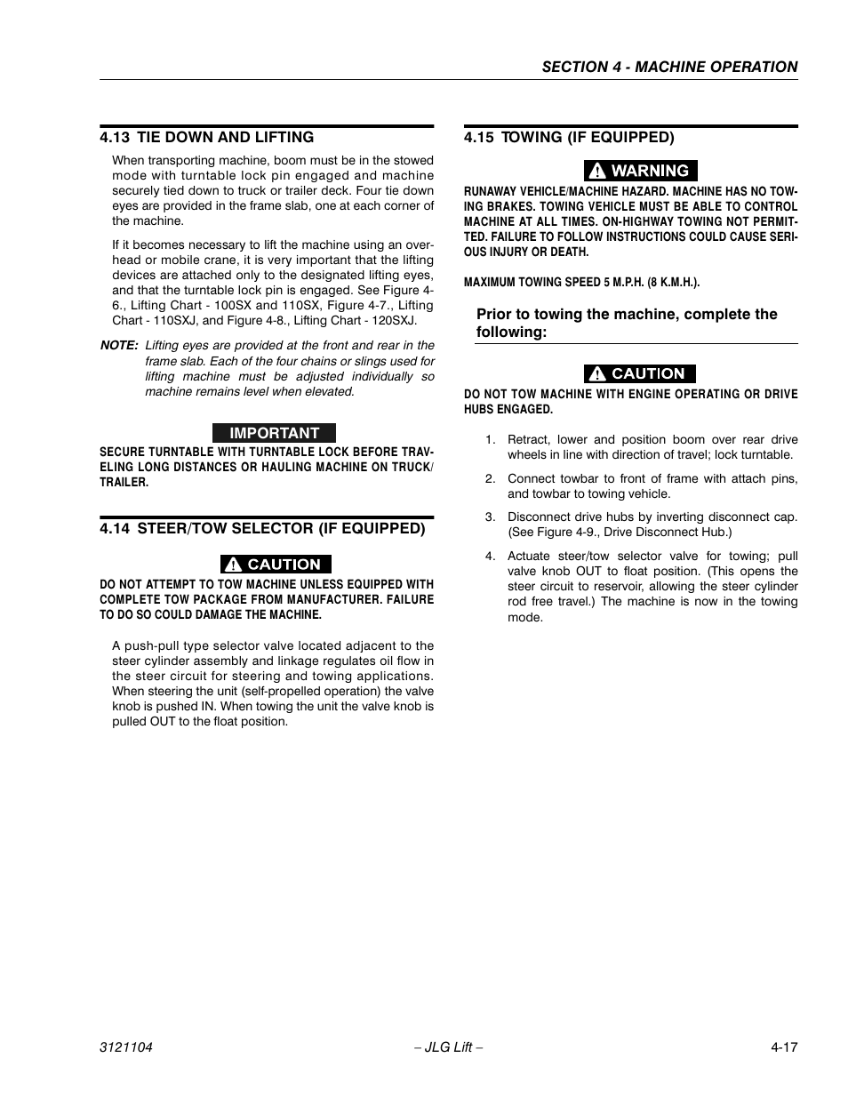 13 tie down and lifting, 14 steer/tow selector (if equipped), 15 towing (if equipped) | Tie down and lifting -17, Steer/tow selector (if equipped) -17, Towing (if equipped) -17 | JLG 120-SXJ ANSI Operator Manual User Manual | Page 67 / 80