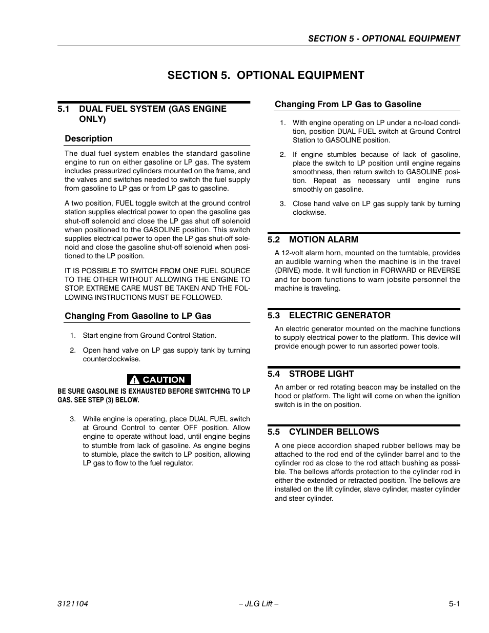 Section 5. optional equipment, 1 dual fuel system (gas engine only), Description | Changing from gasoline to lp gas, Changing from lp gas to gasoline, 2 motion alarm, 3 electric generator, 4 strobe light, 5 cylinder bellows, Section 5 - optional equipment | JLG 120-SXJ ANSI Operator Manual User Manual | Page 71 / 80