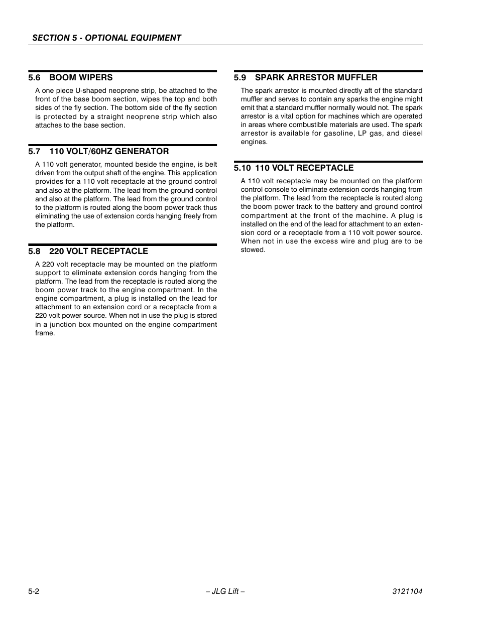 6 boom wipers, 7 110 volt/60hz generator, 8 220 volt receptacle | 9 spark arrestor muffler, 10 110 volt receptacle, Boom wipers -2, 110 volt/60hz generator -2, 220 volt receptacle -2, Spark arrestor muffler -2, 110 volt receptacle -2 | JLG 120-SXJ ANSI Operator Manual User Manual | Page 72 / 80