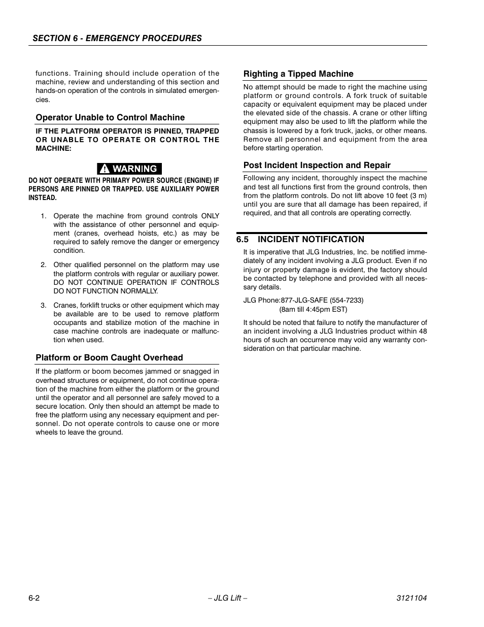 Operator unable to control machine, Platform or boom caught overhead, Righting a tipped machine | Post incident inspection and repair, 5 incident notification, Incident notification -2 | JLG 120-SXJ ANSI Operator Manual User Manual | Page 74 / 80