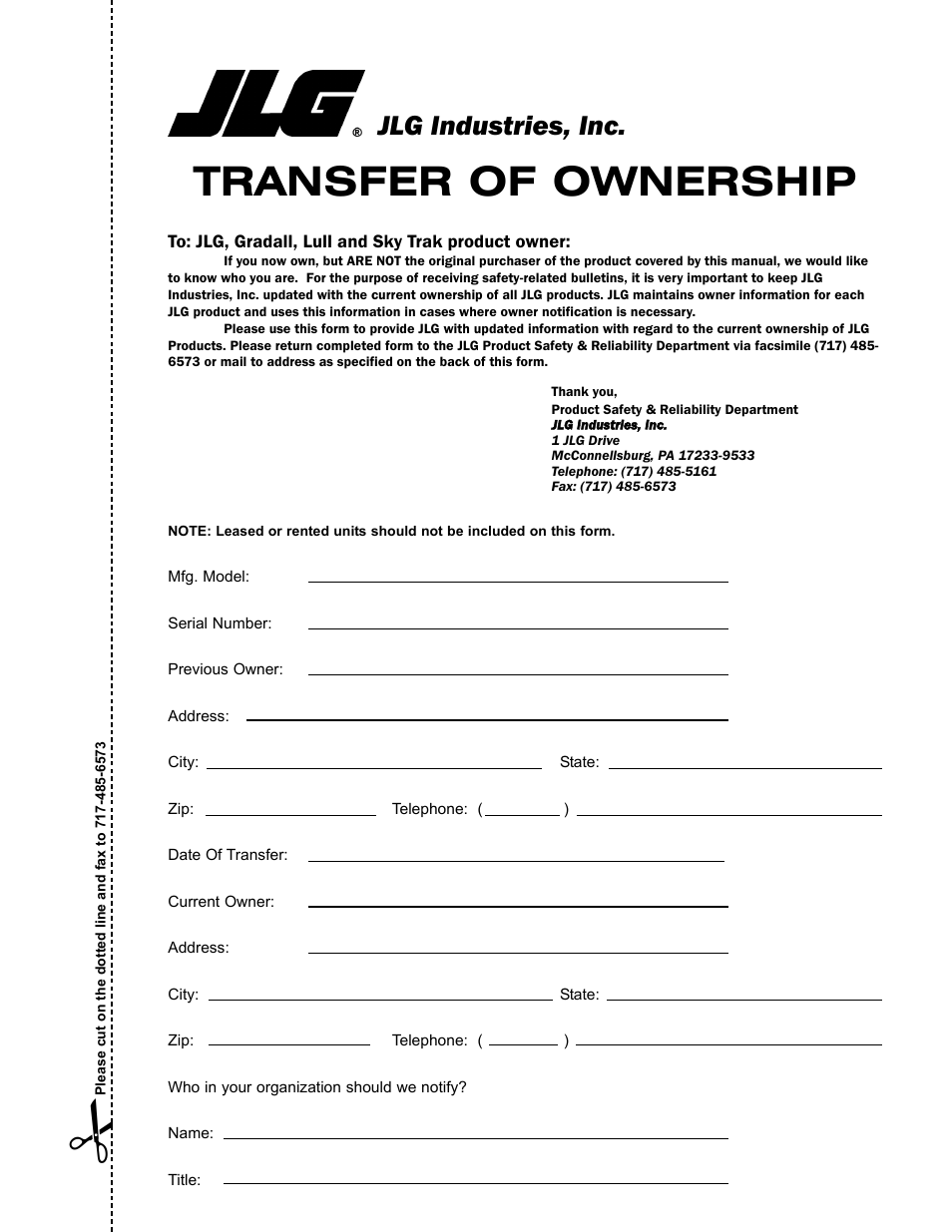 Transfer of ownership, Jlg industries, inc | JLG 120-SXJ ANSI Operator Manual User Manual | Page 77 / 80