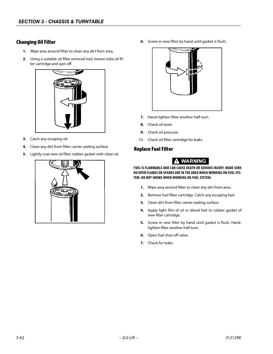 Changing oil filter, Replace fuel filter, Changing oil filter -62 replace fuel filter -62 | JLG 660SJ Service Manual User Manual | Page 106 / 328