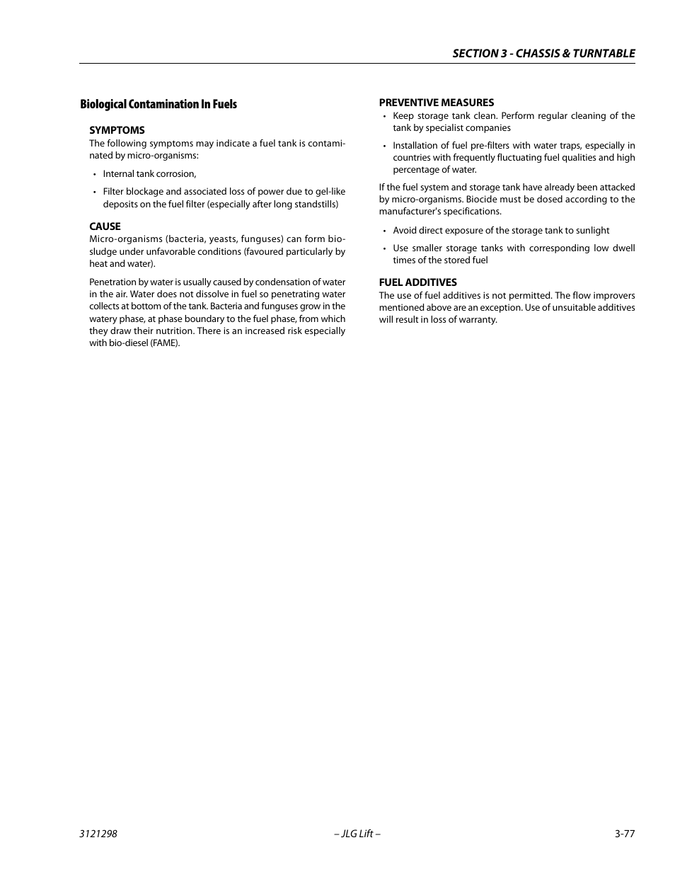 Biological contamination in fuels, Symptoms, Cause | Preventive measures, Fuel additives, Biological contamination in fuels -77 | JLG 660SJ Service Manual User Manual | Page 121 / 328