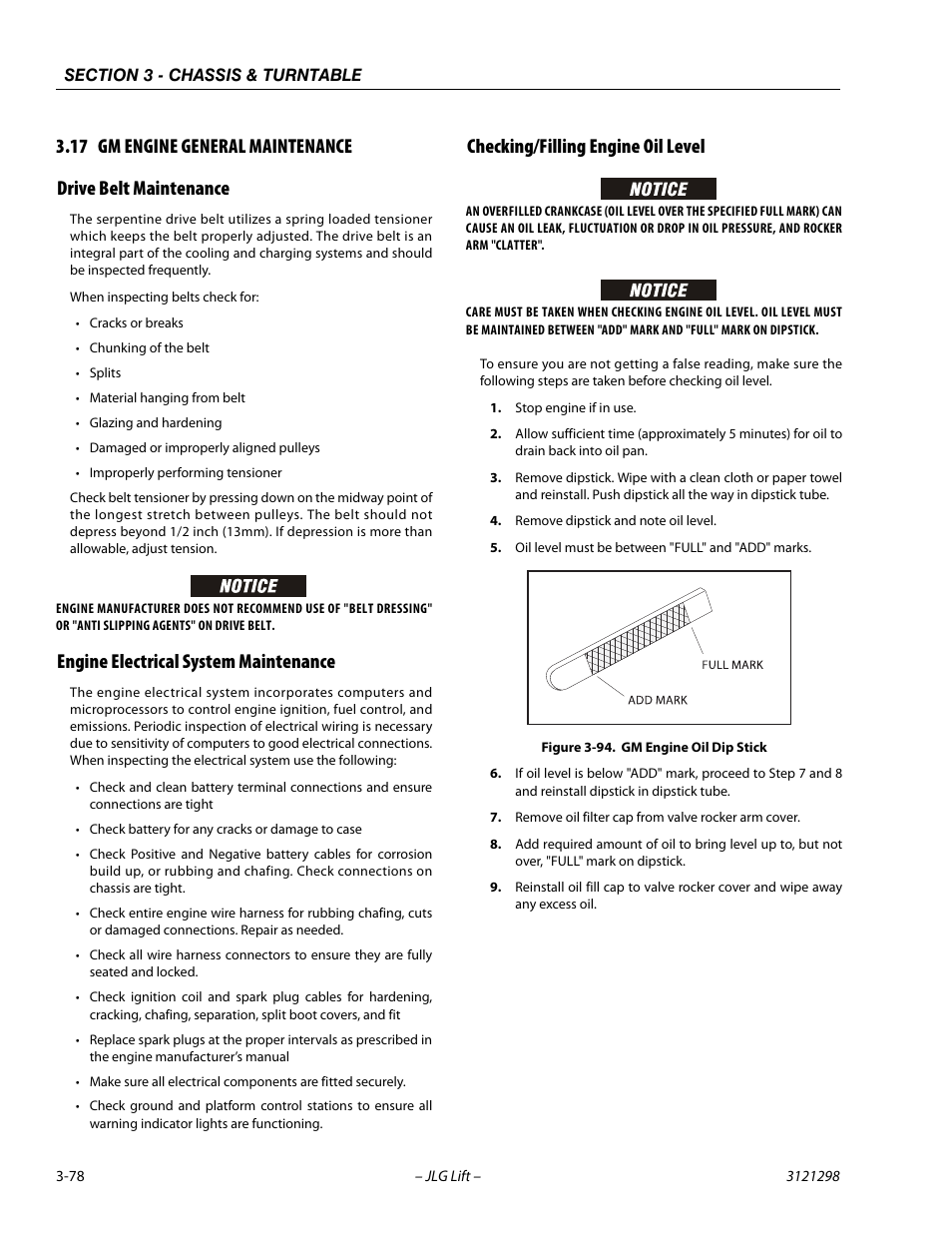 17 gm engine general maintenance, Drive belt maintenance, Engine electrical system maintenance | Checking/filling engine oil level, Gm engine general maintenance -78, Gm engine oil dip stick -78 | JLG 660SJ Service Manual User Manual | Page 122 / 328