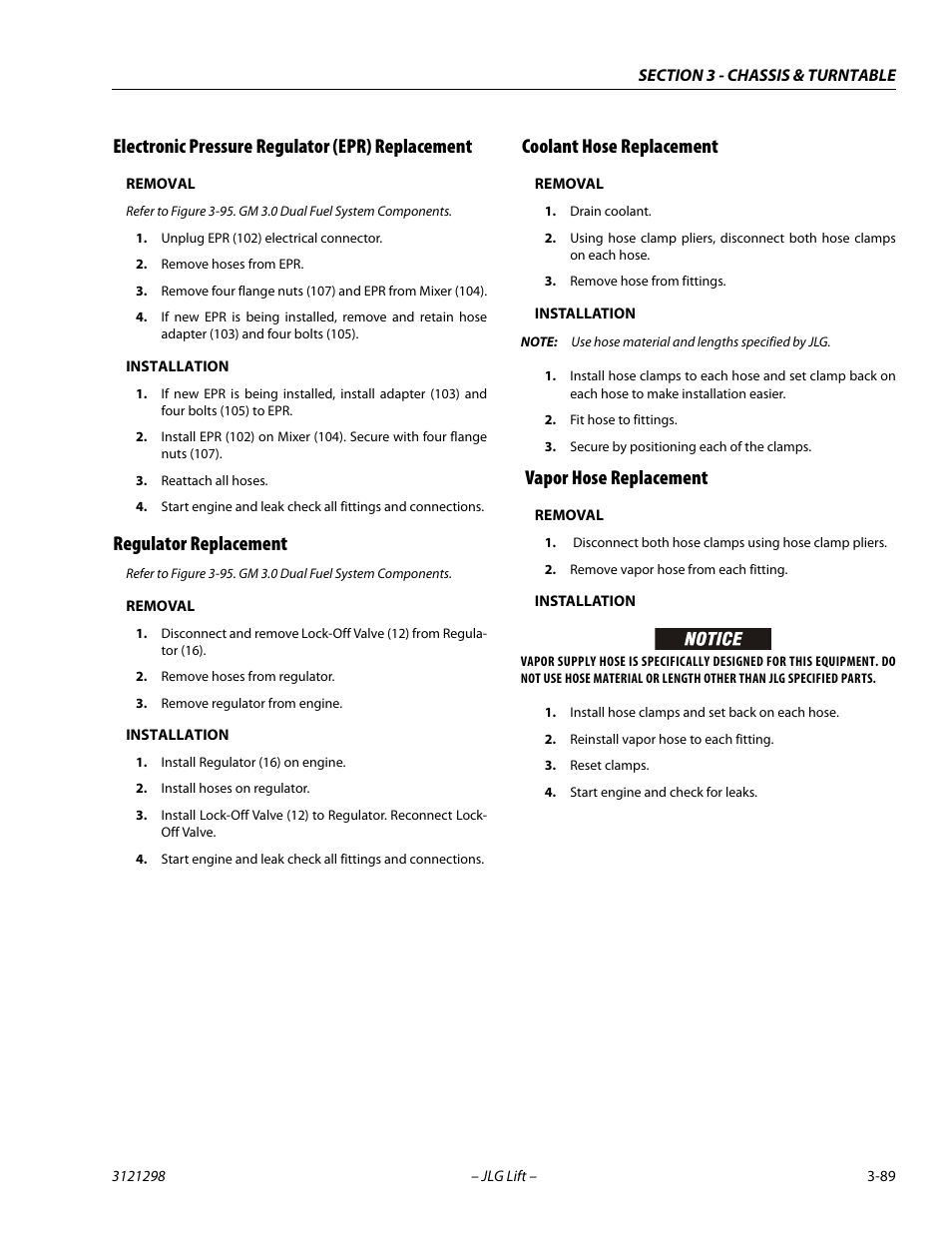 Electronic pressure regulator (epr) replacement, Removal, Installation | Regulator replacement, Coolant hose replacement, Vapor hose replacement | JLG 660SJ Service Manual User Manual | Page 133 / 328