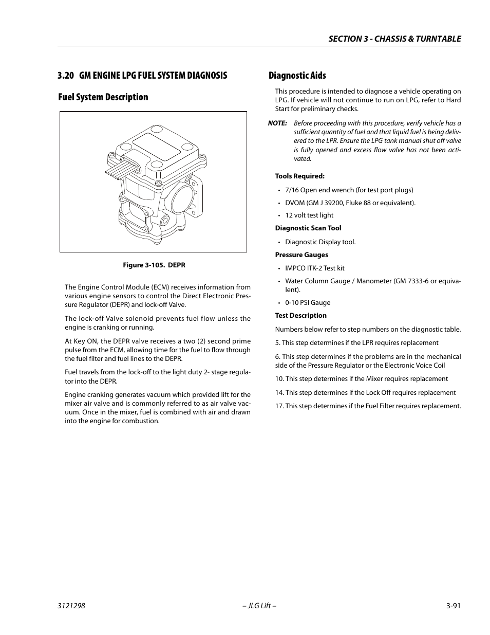 20 gm engine lpg fuel system diagnosis, Fuel system description, Diagnostic aids | Gm engine lpg fuel system diagnosis -91, Fuel system description -91 diagnostic aids -91, Depr -91 | JLG 660SJ Service Manual User Manual | Page 135 / 328