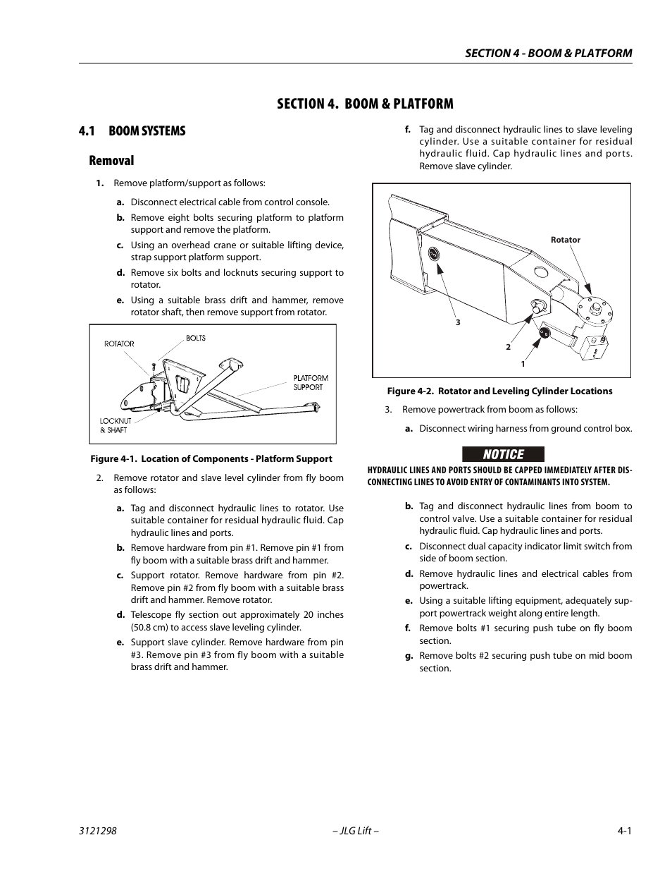 Section 4. boom & platform, 1 boom systems, Removal | Section, 4 - boom & platform, Boom systems -1, Removal -1, Location of components - platform support -1, Rotator and leveling cylinder locations -1, 1 boom systems removal | JLG 660SJ Service Manual User Manual | Page 149 / 328