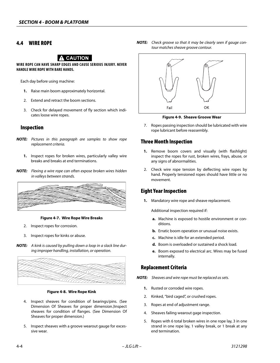 4 wire rope, Inspection, Three month inspection | Eight year inspection, Replacement criteria, Wire rope -4, Wire rope wire breaks -4, Wire rope kink -4, Sheave groove wear -4 | JLG 660SJ Service Manual User Manual | Page 152 / 328