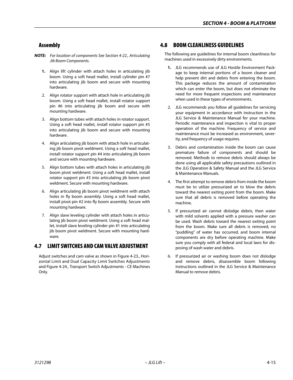 Assembly, 7 limit switches and cam valve adjustment, 8 boom cleanliness guidelines | Assembly -15, Limit switches and cam valve adjustment -15, Boom cleanliness guidelines -15 | JLG 660SJ Service Manual User Manual | Page 163 / 328