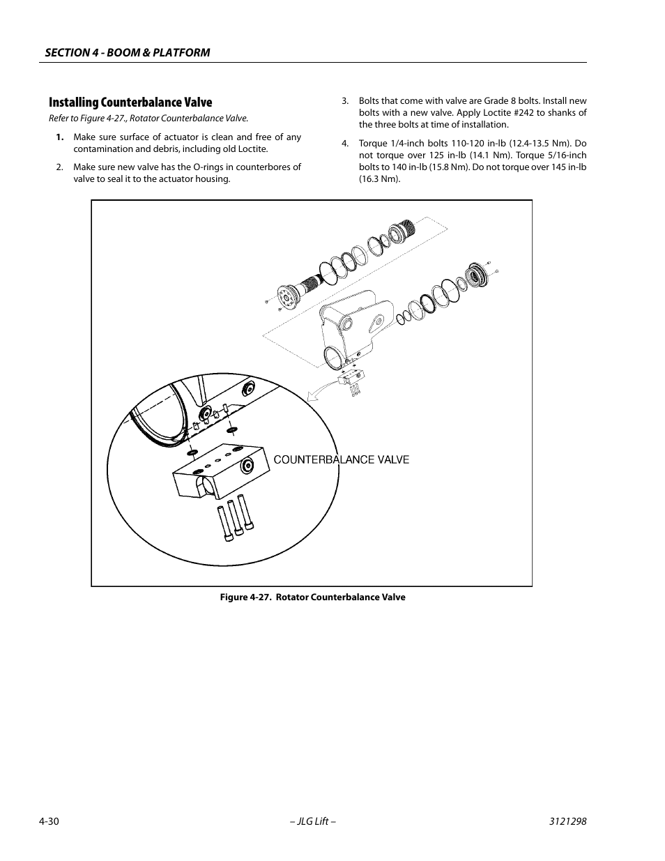 Installing counterbalance valve, Installing counterbalance valve -30, Rotator counterbalance valve -30 | JLG 660SJ Service Manual User Manual | Page 178 / 328