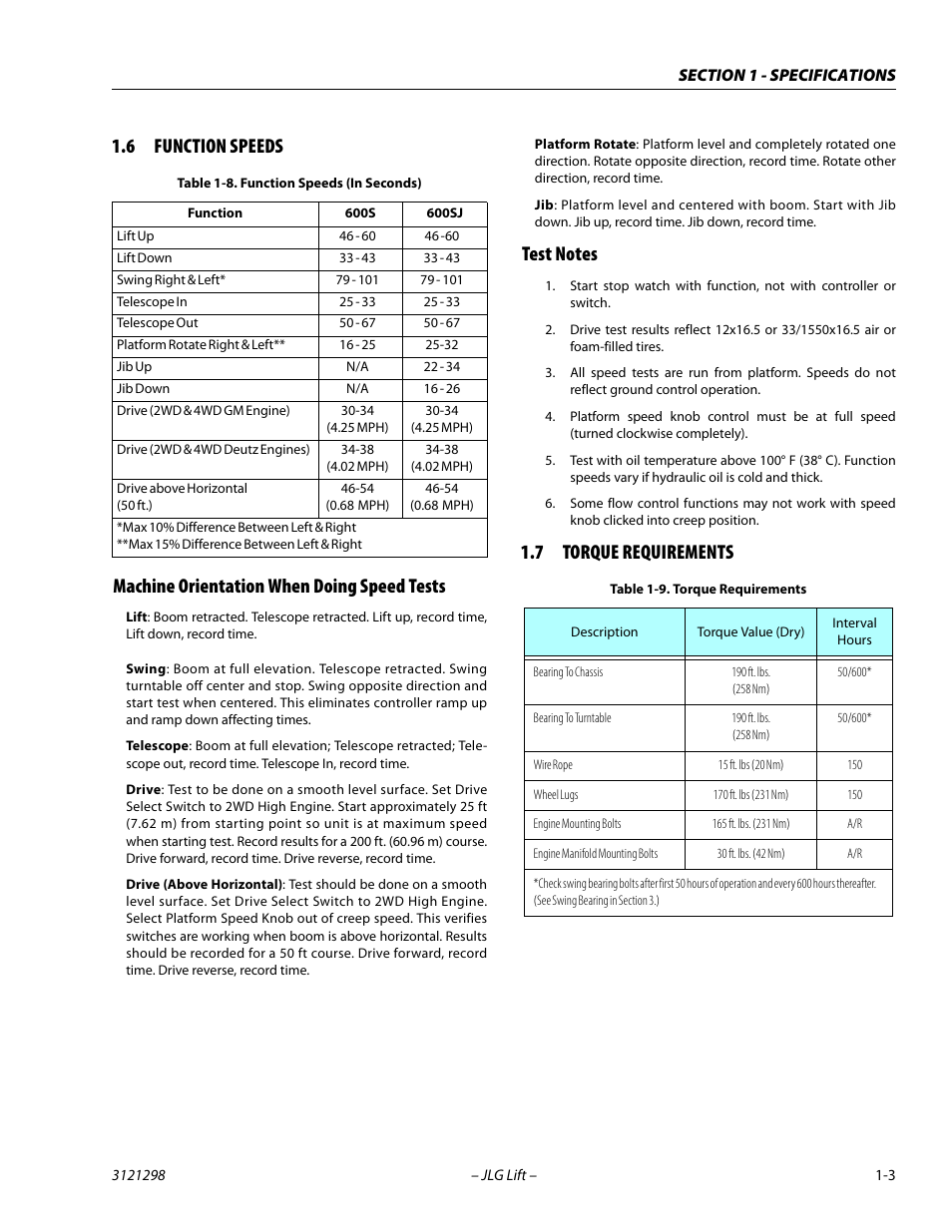 6 function speeds, Machine orientation when doing speed tests, Test notes | 7 torque requirements, Function speeds -3, Torque requirements -3, Function speeds (in seconds) -3 | JLG 660SJ Service Manual User Manual | Page 19 / 328