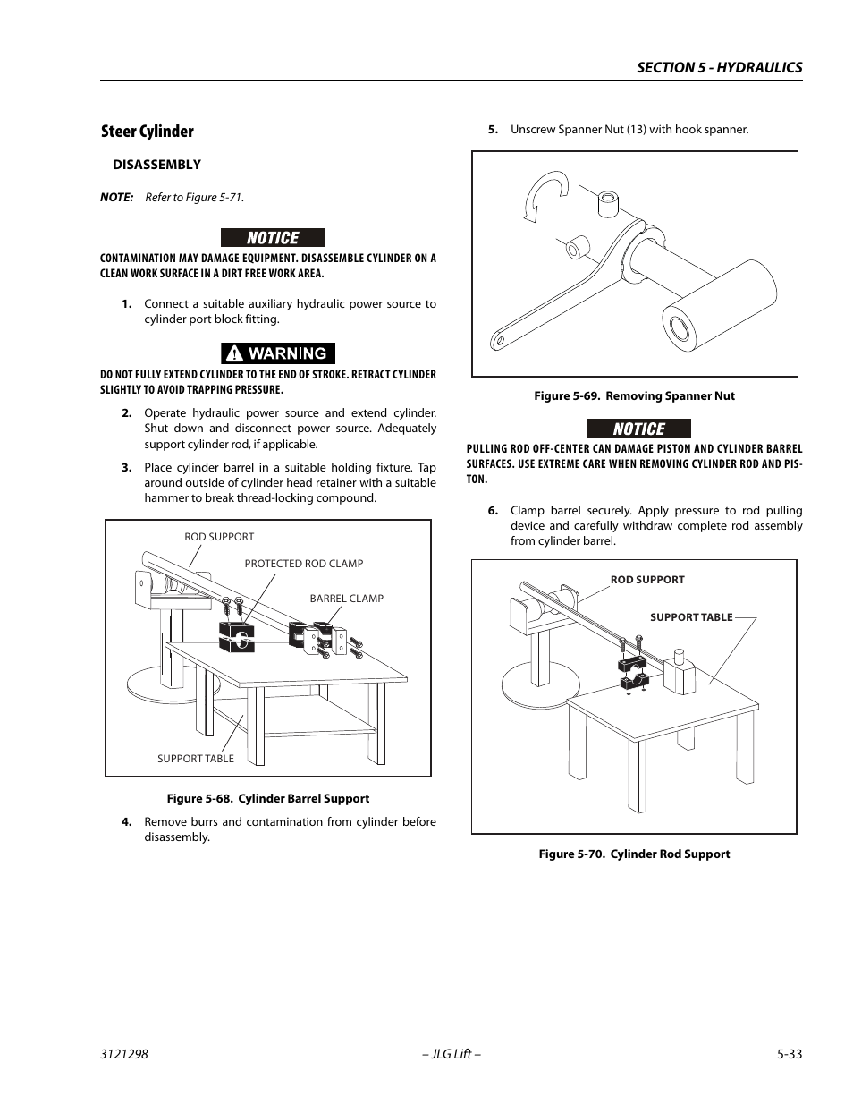 Steer cylinder, Disassembly, Steer cylinder -33 | Cylinder barrel support -33, Removing spanner nut -33, Cylinder rod support -33 | JLG 660SJ Service Manual User Manual | Page 223 / 328