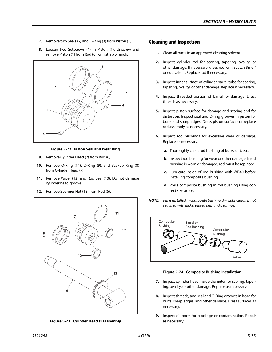 Cleaning and inspection, Cleaning and inspection -35, Piston seal and wear ring -35 | Cylinder head disassembly -35, Composite bushing installation -35 | JLG 660SJ Service Manual User Manual | Page 225 / 328