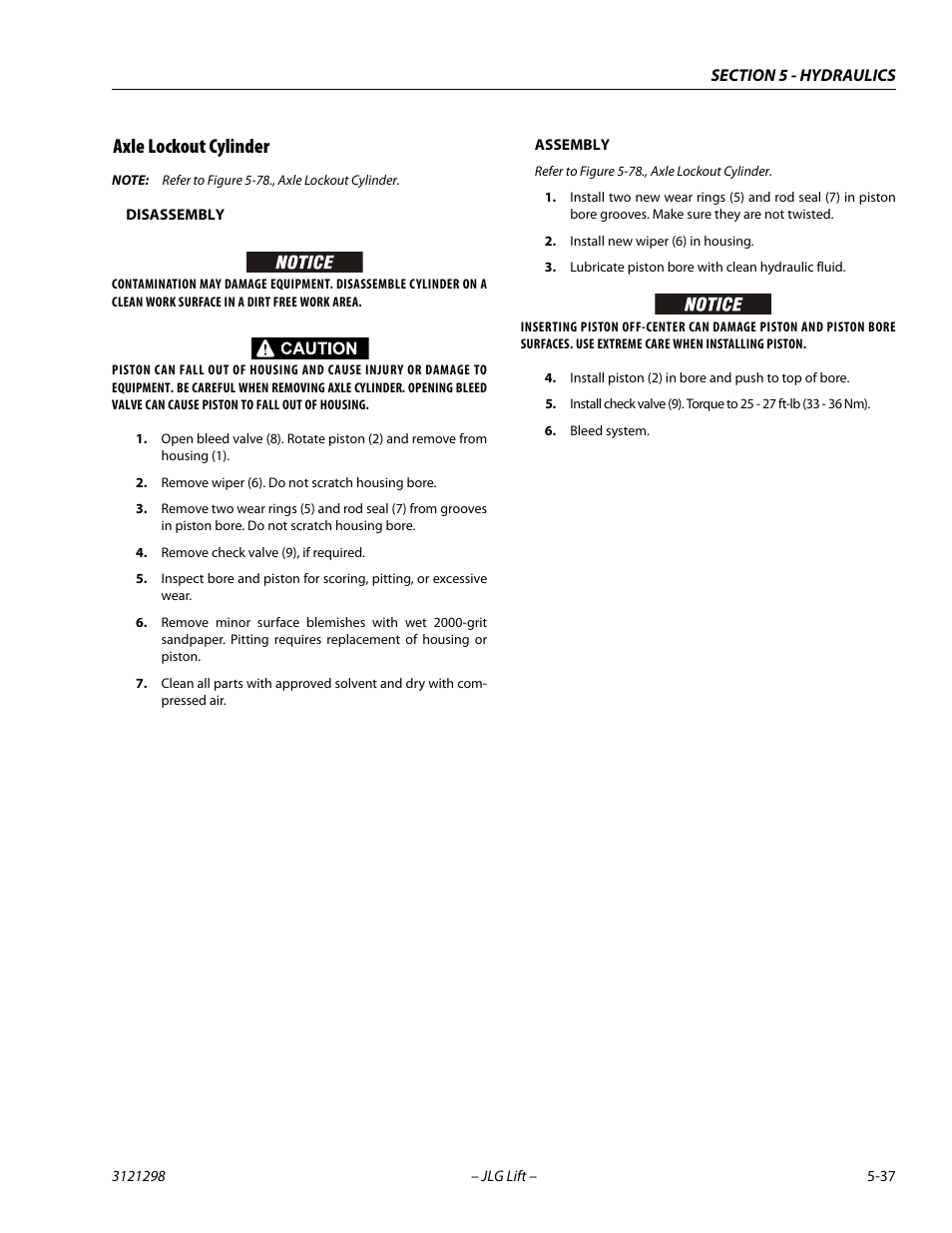 Axle lockout cylinder, Disassembly, Assembly | Axle lockout cylinder -37 | JLG 660SJ Service Manual User Manual | Page 227 / 328