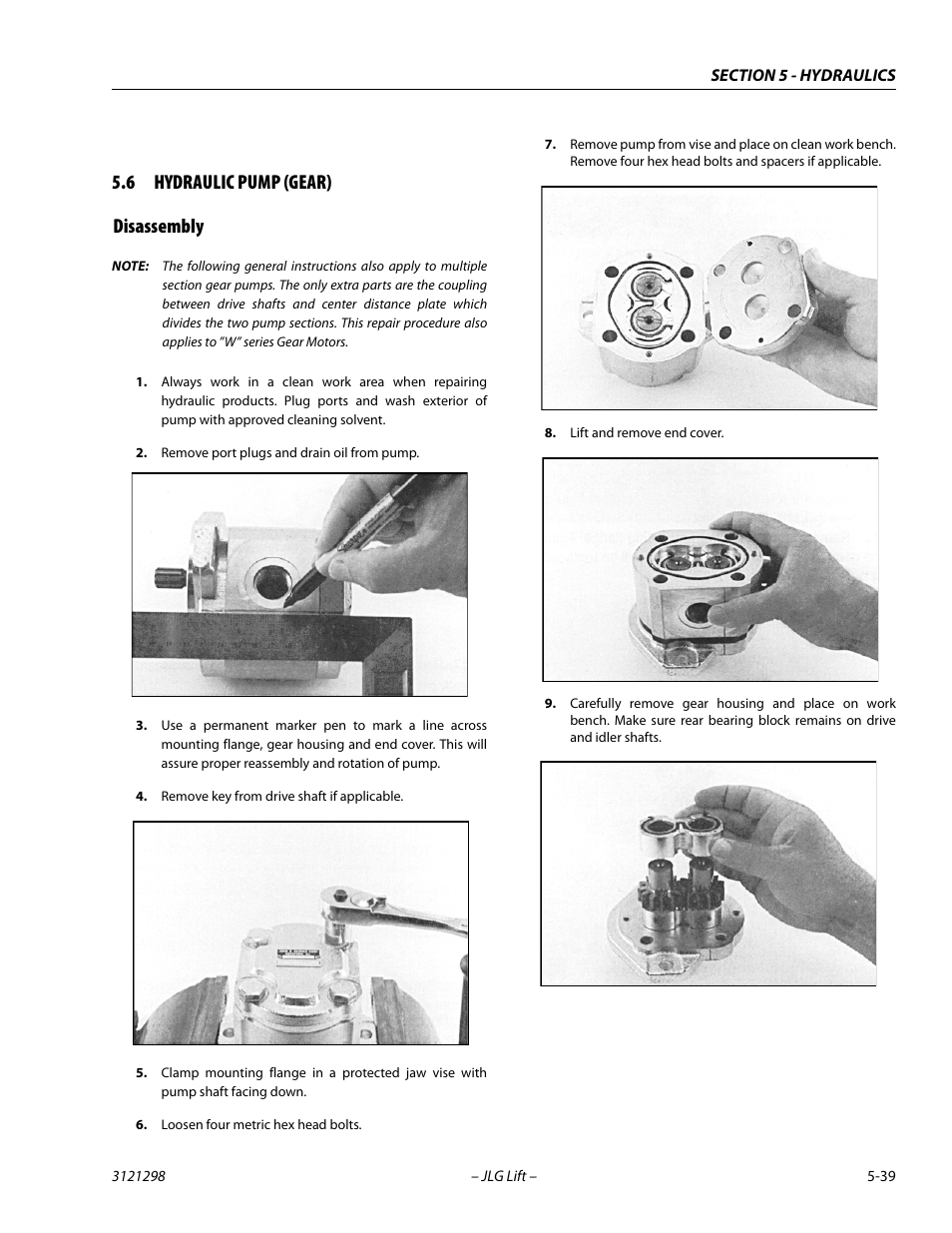 6 hydraulic pump (gear), Disassembly, Hydraulic pump (gear) -39 | Disassembly -39, 6 hydraulic pump (gear) disassembly | JLG 660SJ Service Manual User Manual | Page 229 / 328