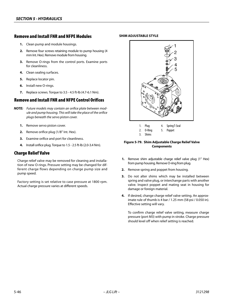 Remove and install fnr and nfpe modules, Remove and install fnr and nfpe control orifices, Charge relief valve | Shim adjustable charge relief valve components -46 | JLG 660SJ Service Manual User Manual | Page 236 / 328